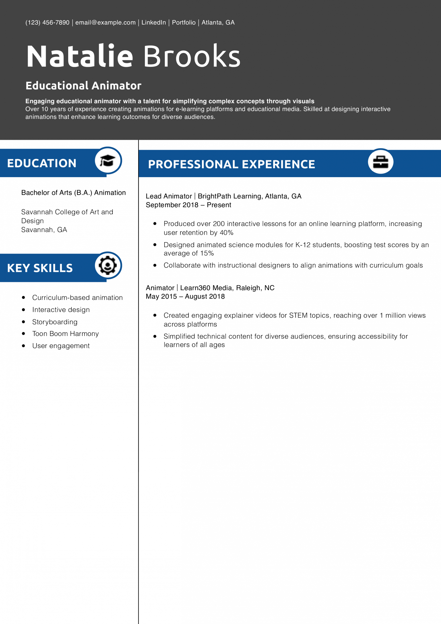 Educational Animator Resume Example