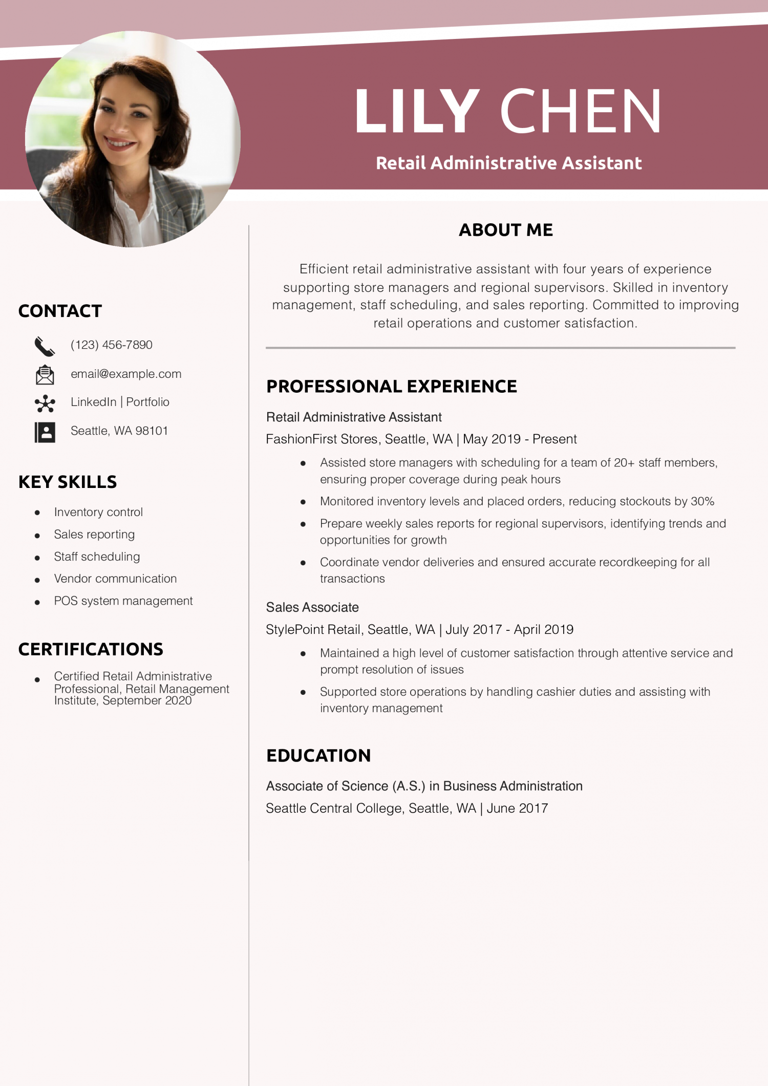 Retail Administrative Assistant Resume Example