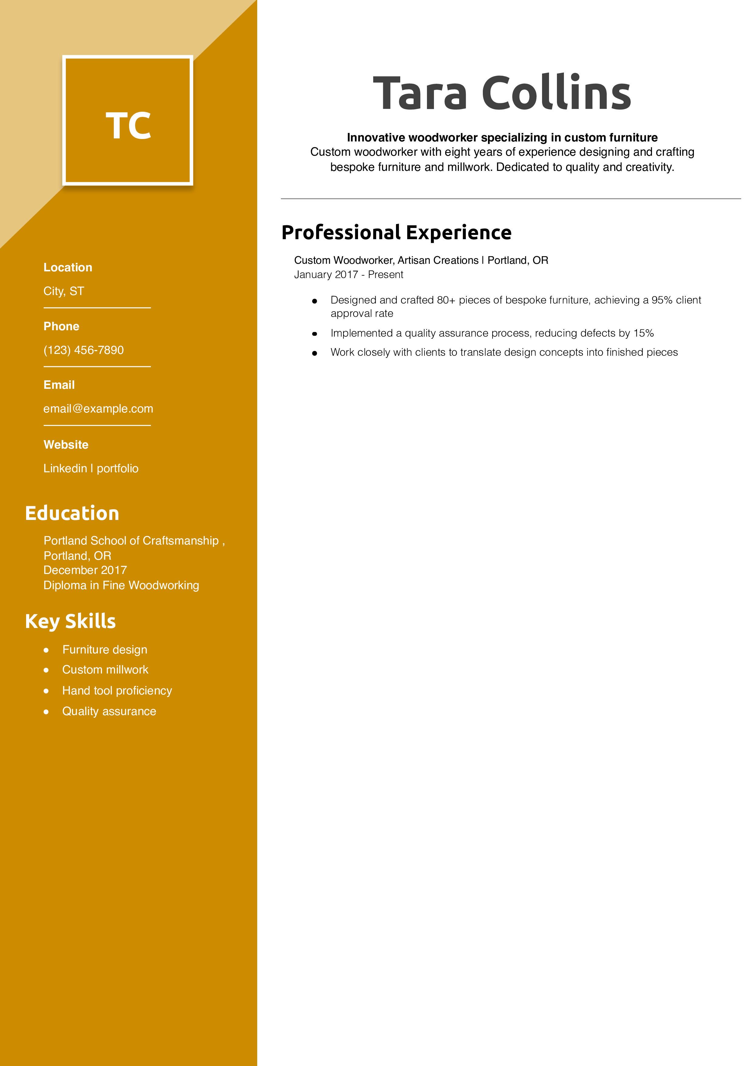 Custom woodworker resume