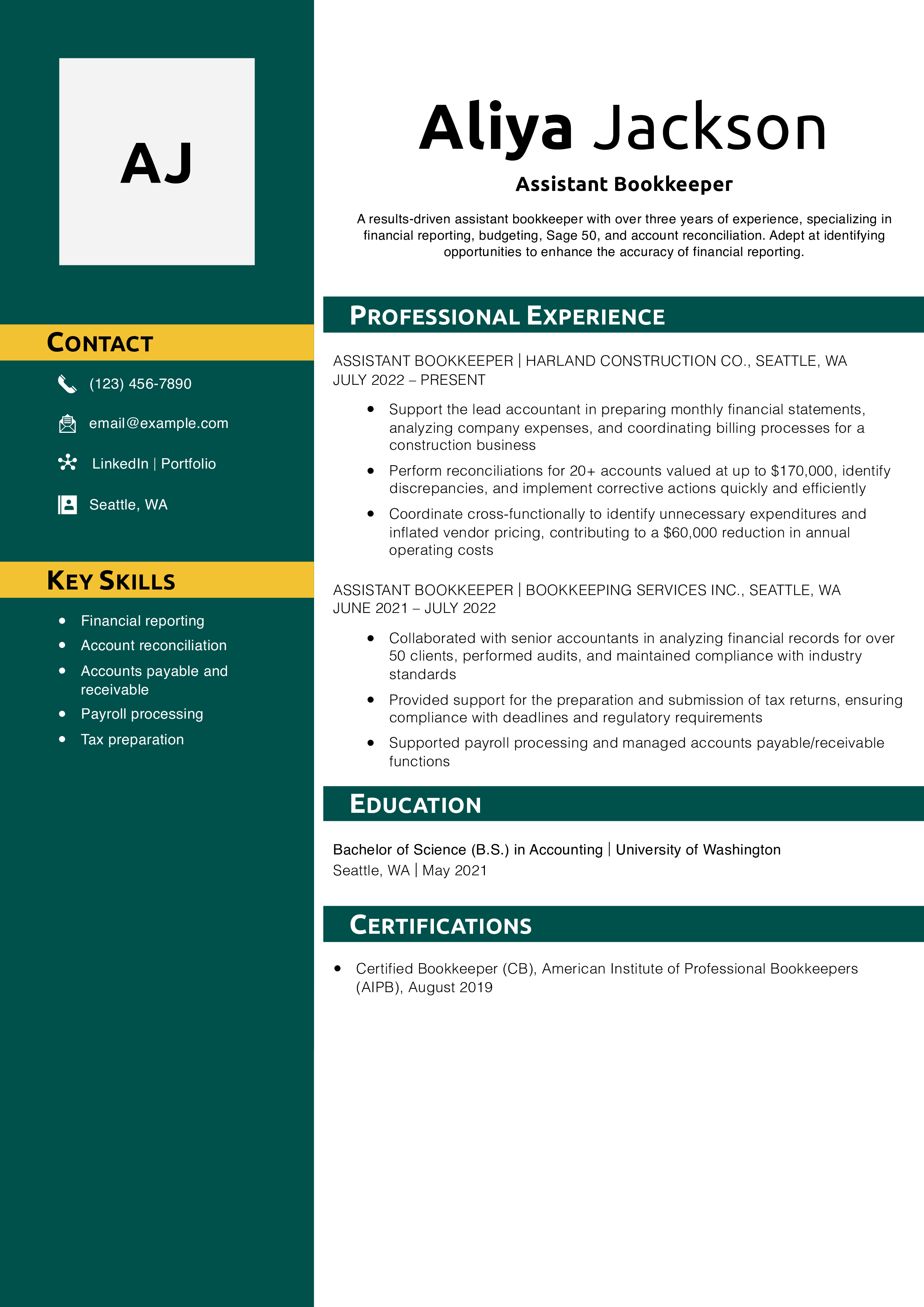 Assistant Bookkeeper Resume Example