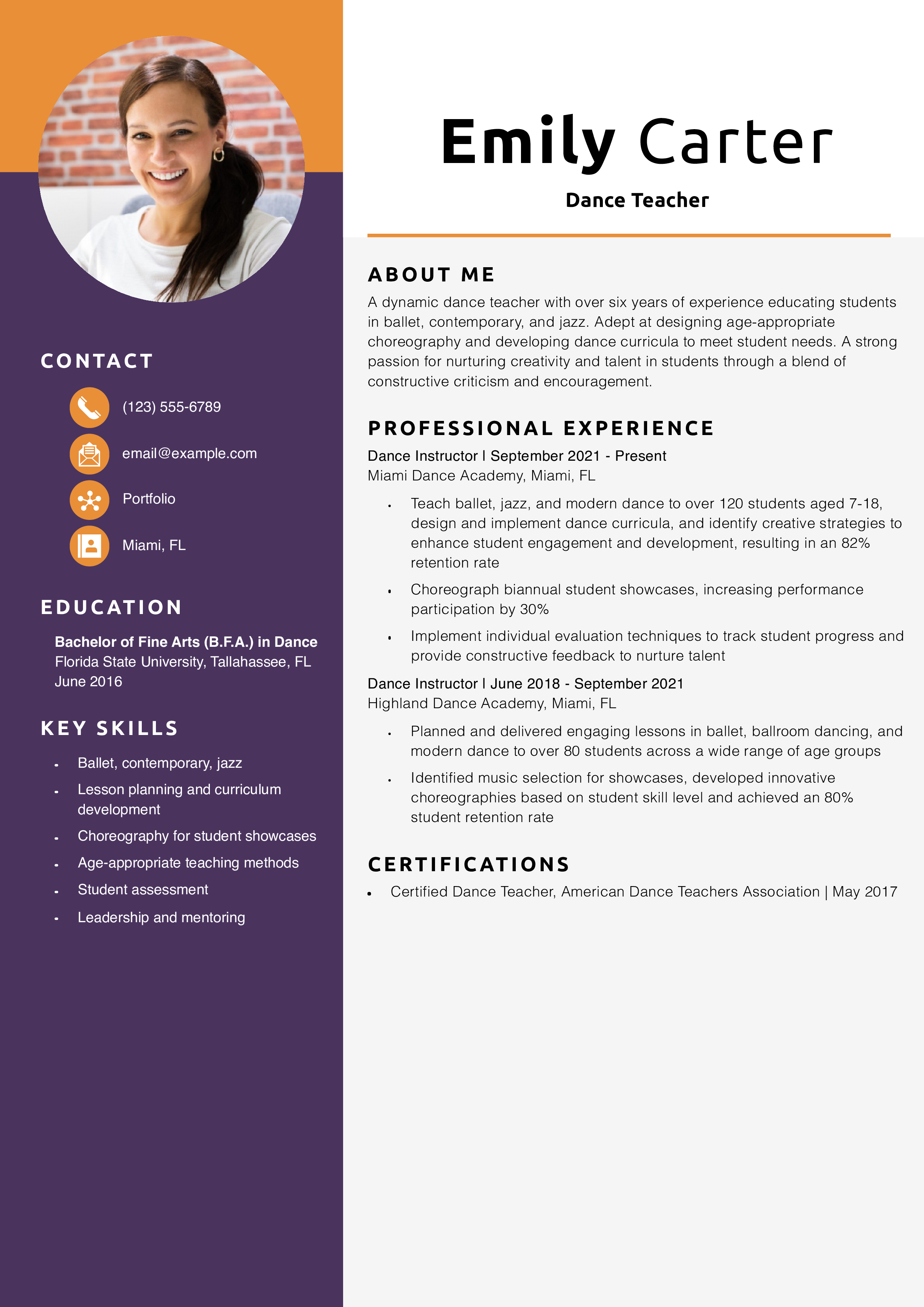 Dance Teacher Resume Example