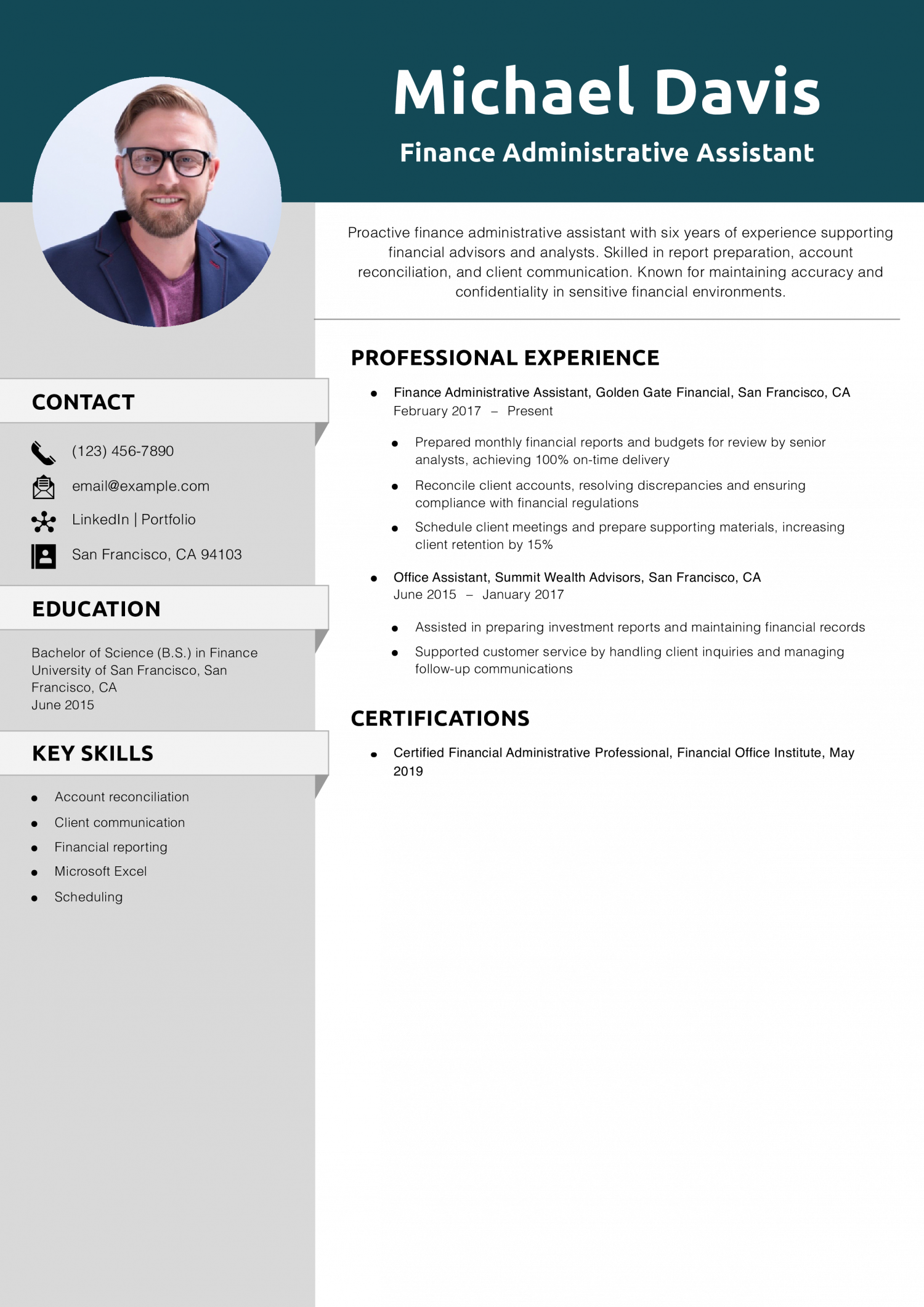 Finance Administrative Assistant Resume Example