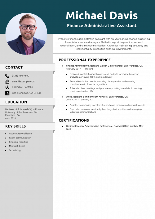 Finance Administrative Assistant Resume Example
