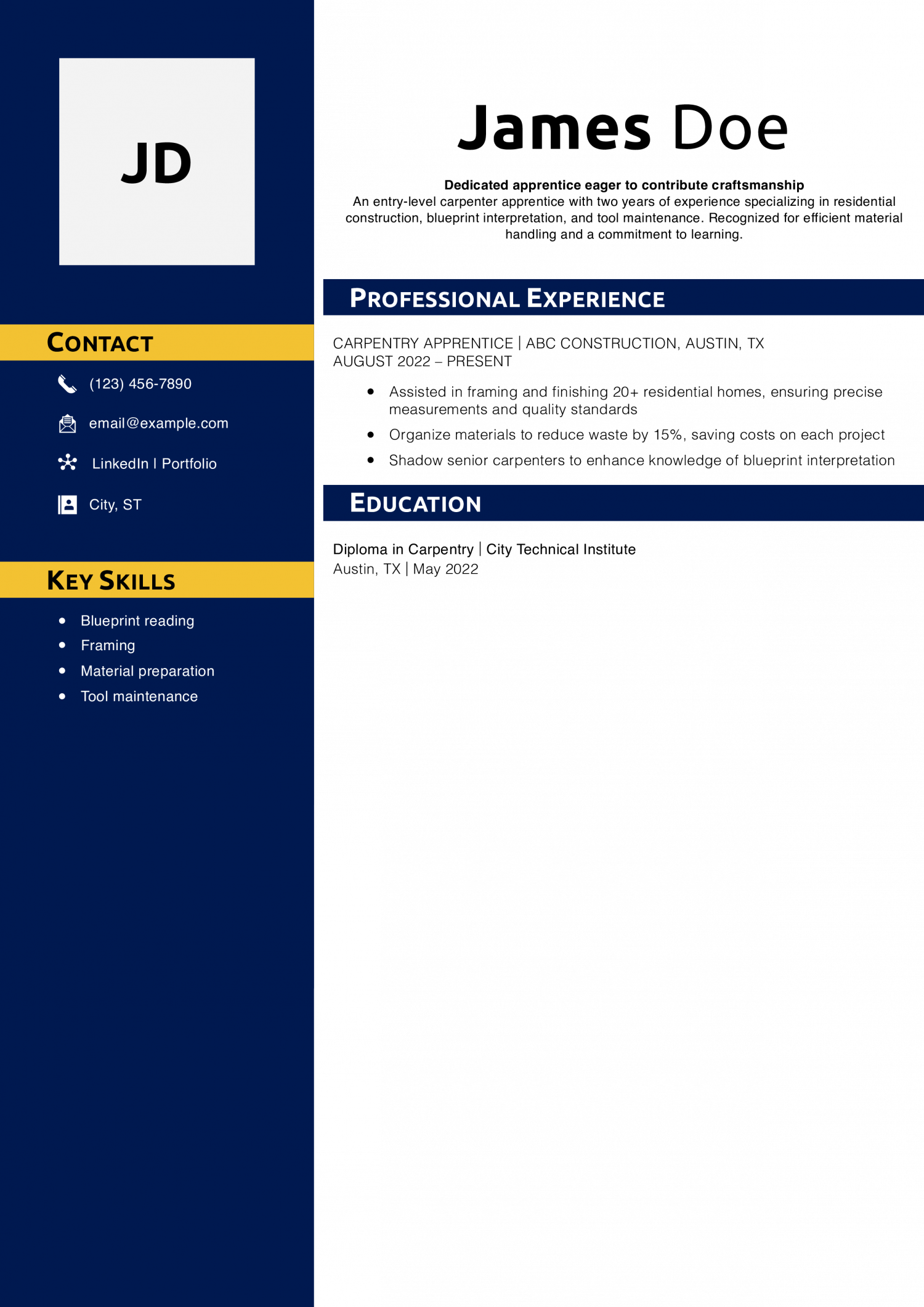 Carpenter apprentice resume