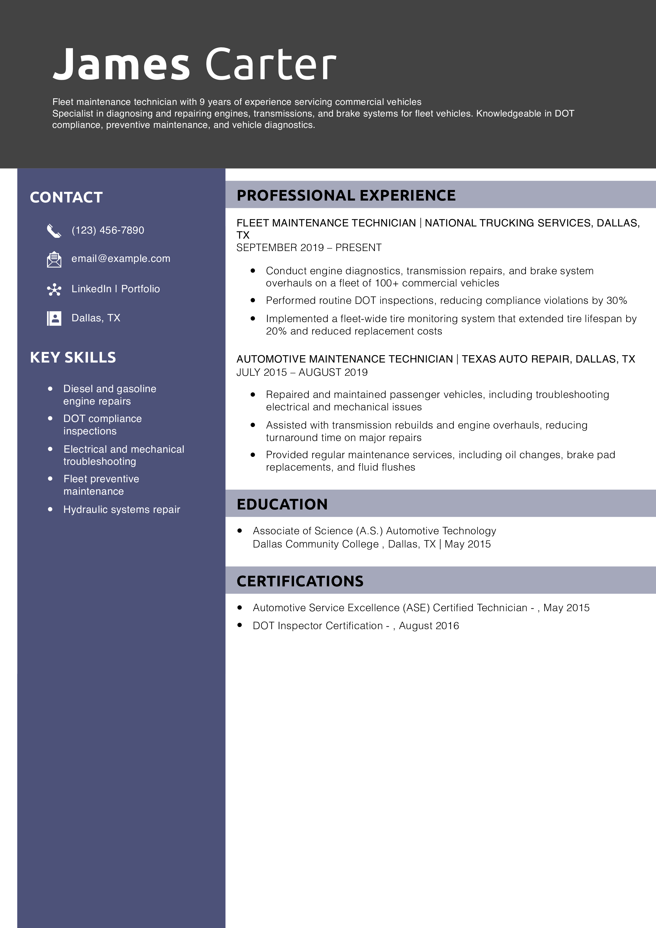Fleet Maintenance Technician Resume Example
