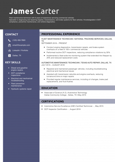  Fleet Maintenance Technician Resume Example