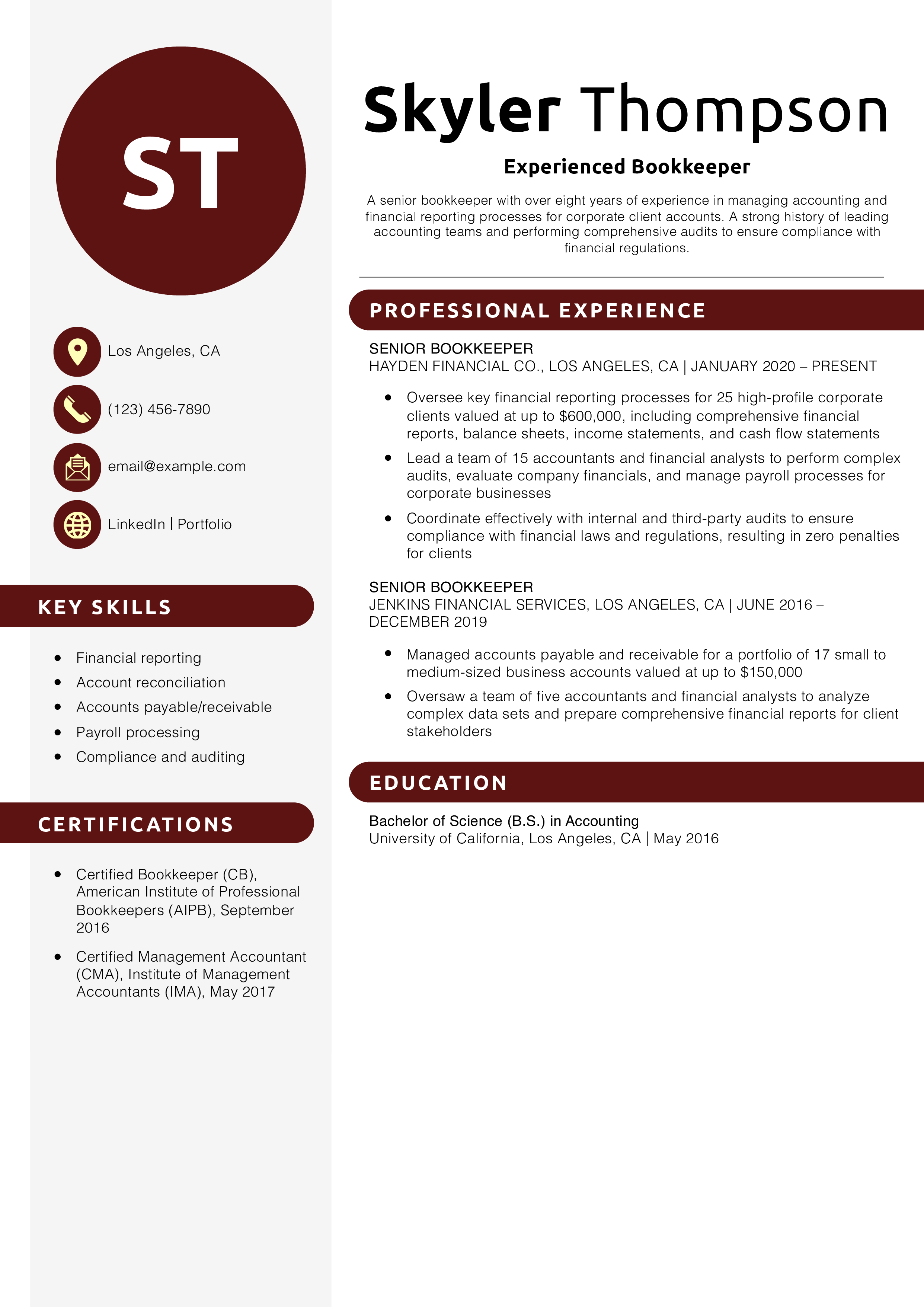 Experienced Bookkeeper Resume Example