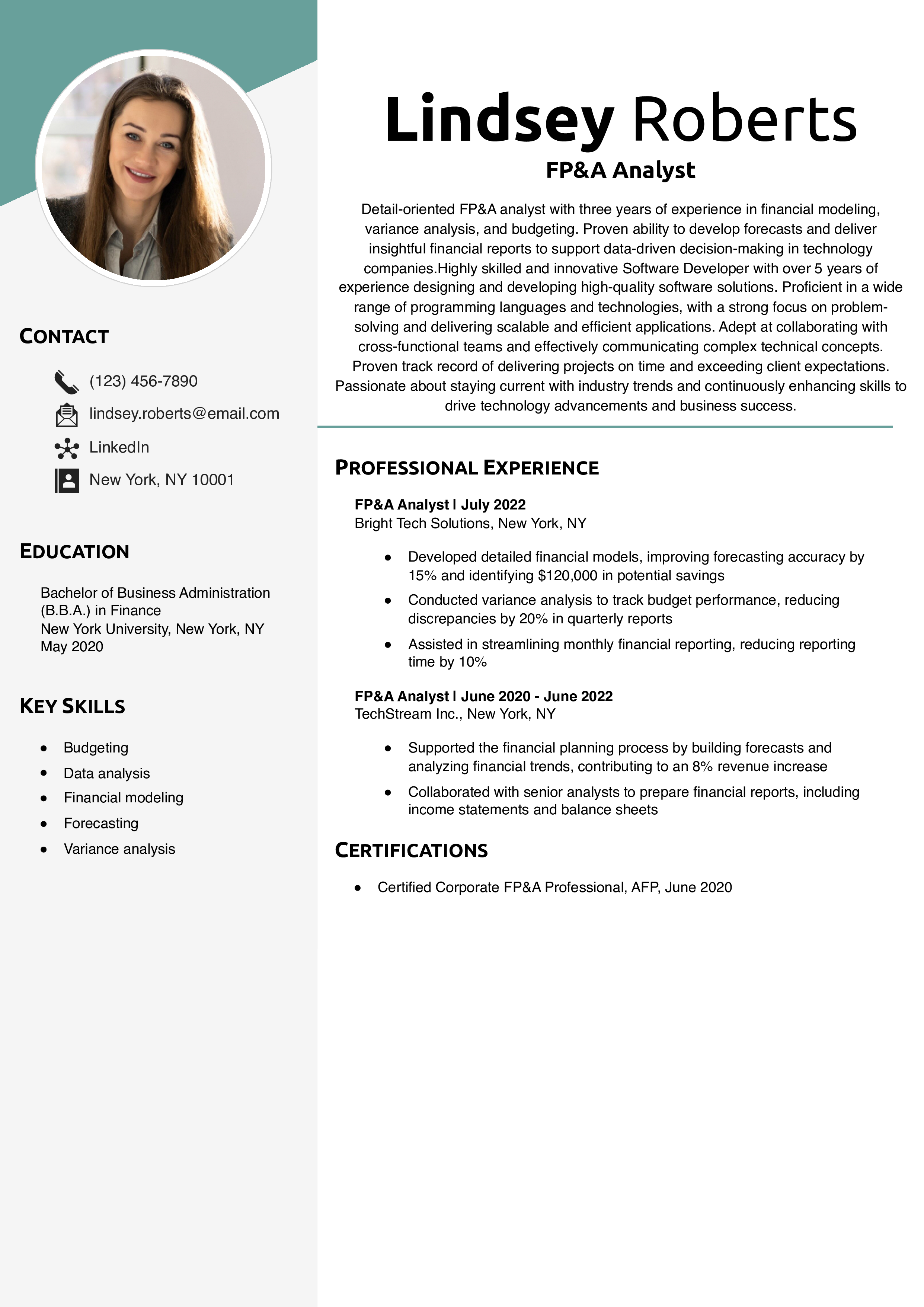 FP&A Analyst Resume Example