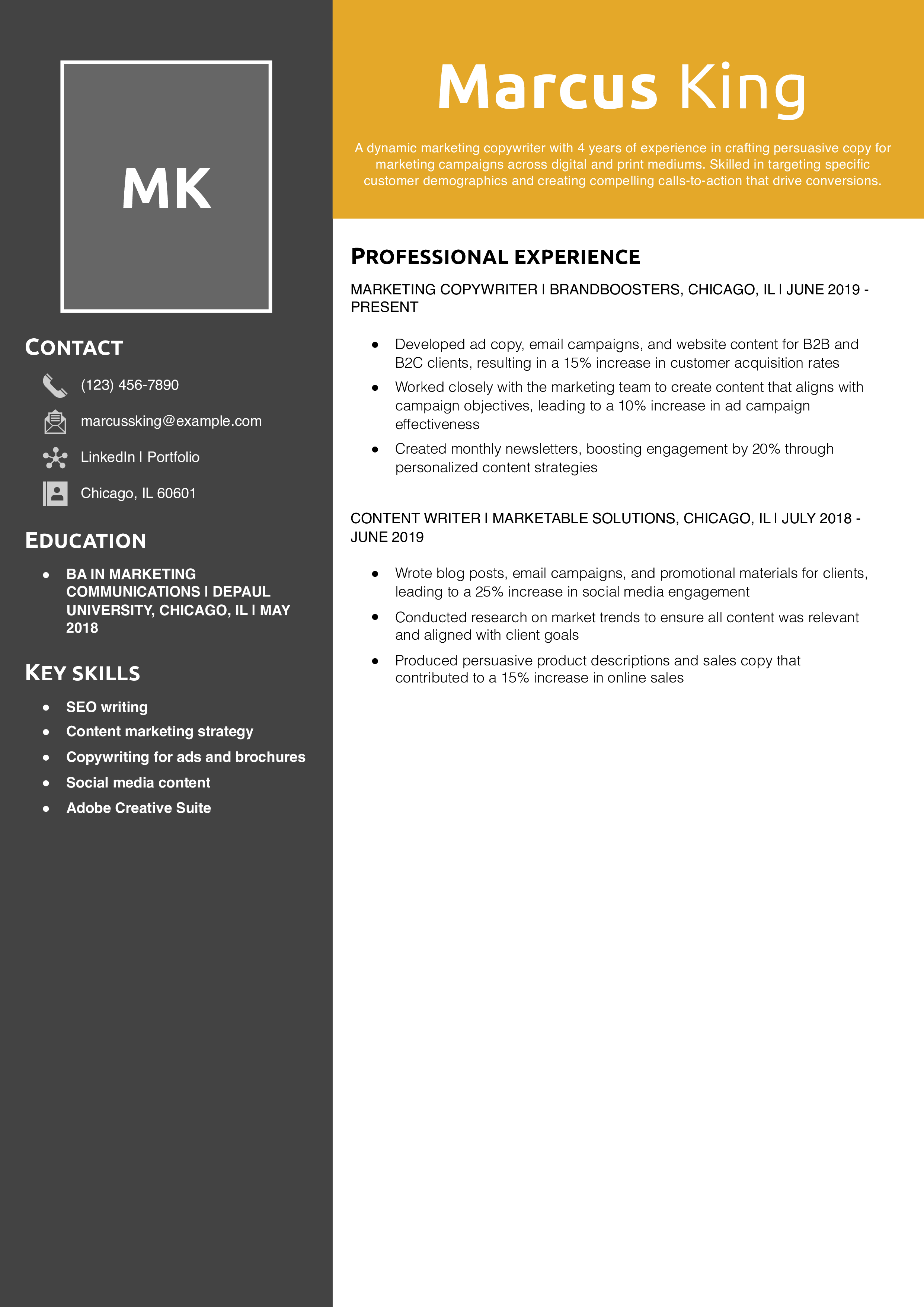 Marketing Copywriter Resume Example