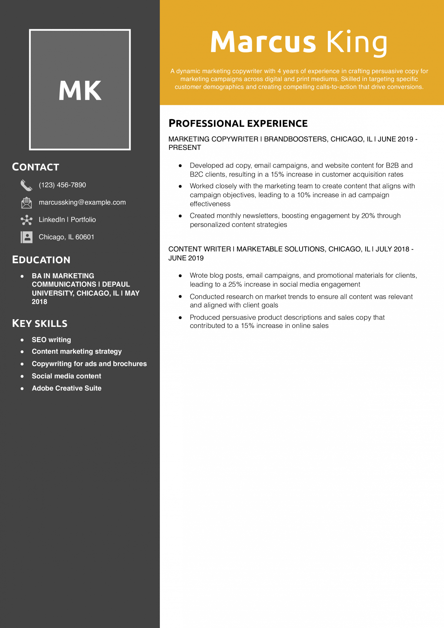 Marketing Copywriter Resume Example