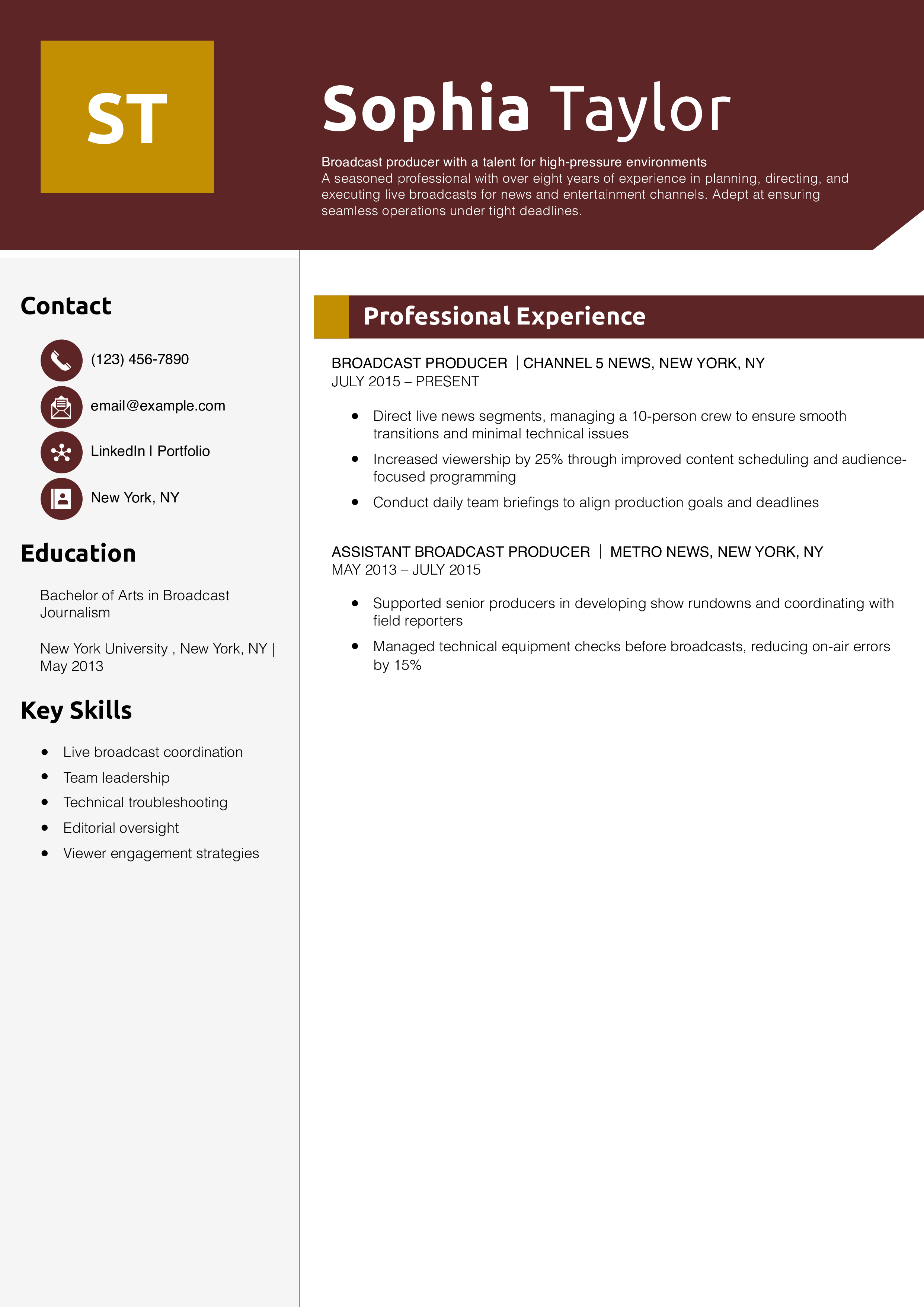Broadcast producer resume