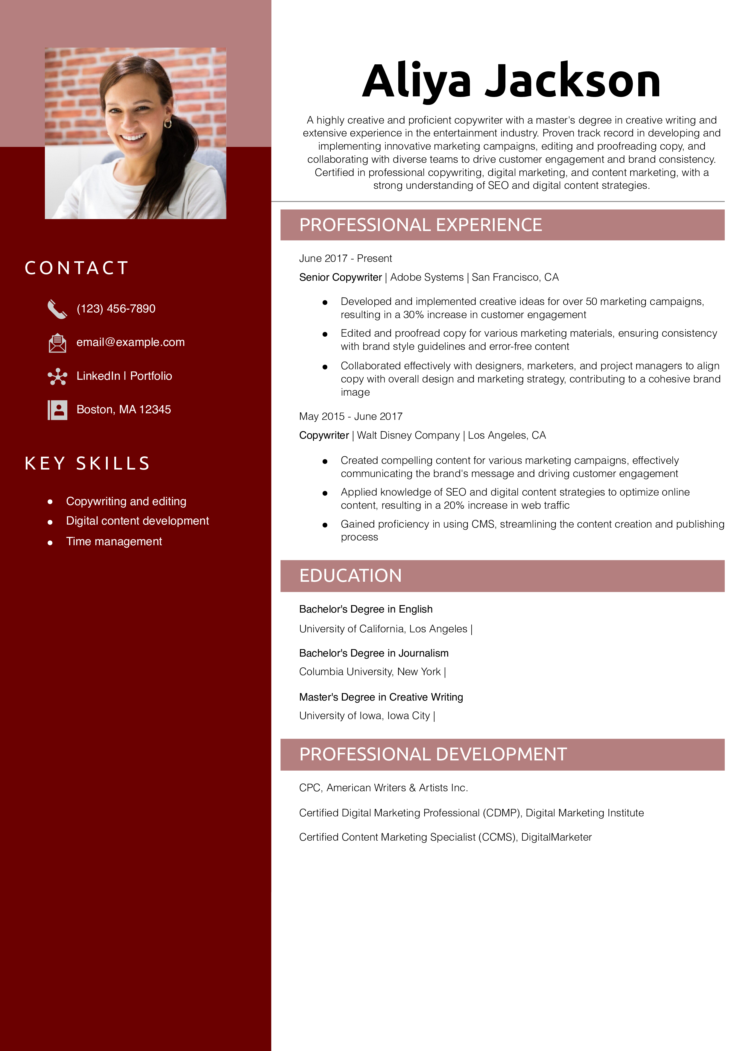 Senior Creative Copywriter Resume Example
