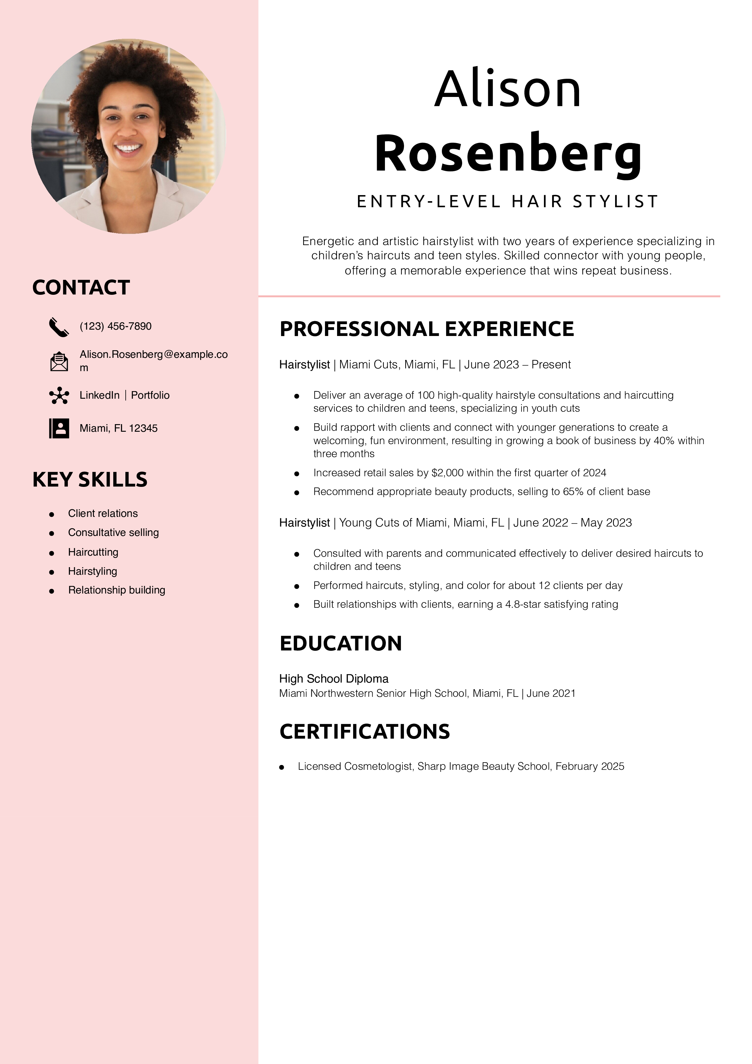 Entry-Level Hair Stylist Resume Example