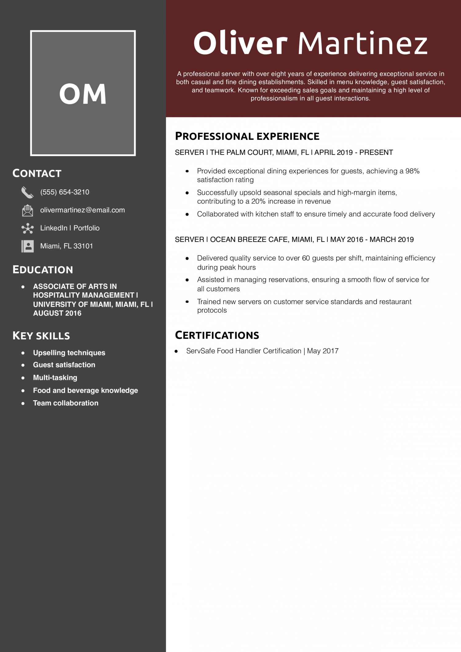 Professional Restaurant Server Resume Example