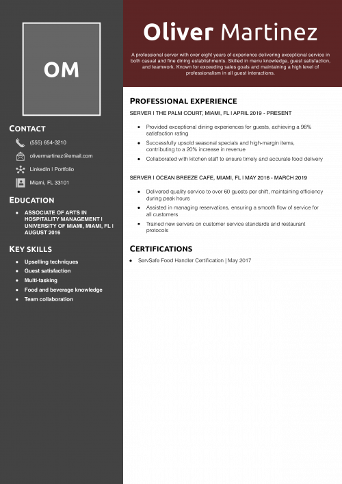 Professional Restaurant Server Resume Example