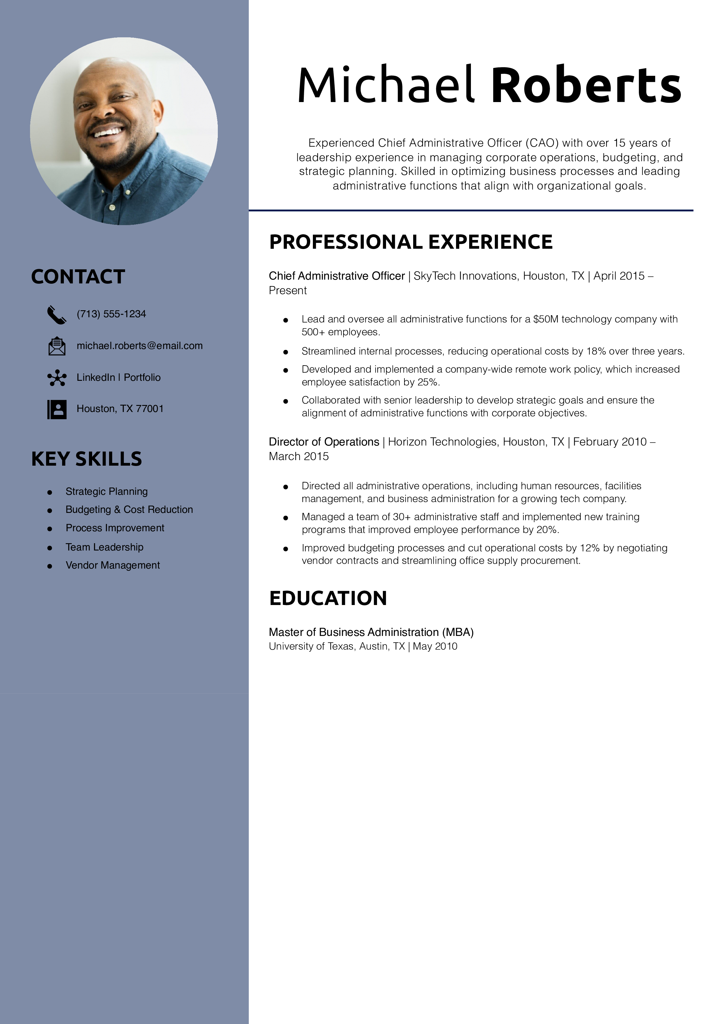Chief Administrative Officer Resume Example