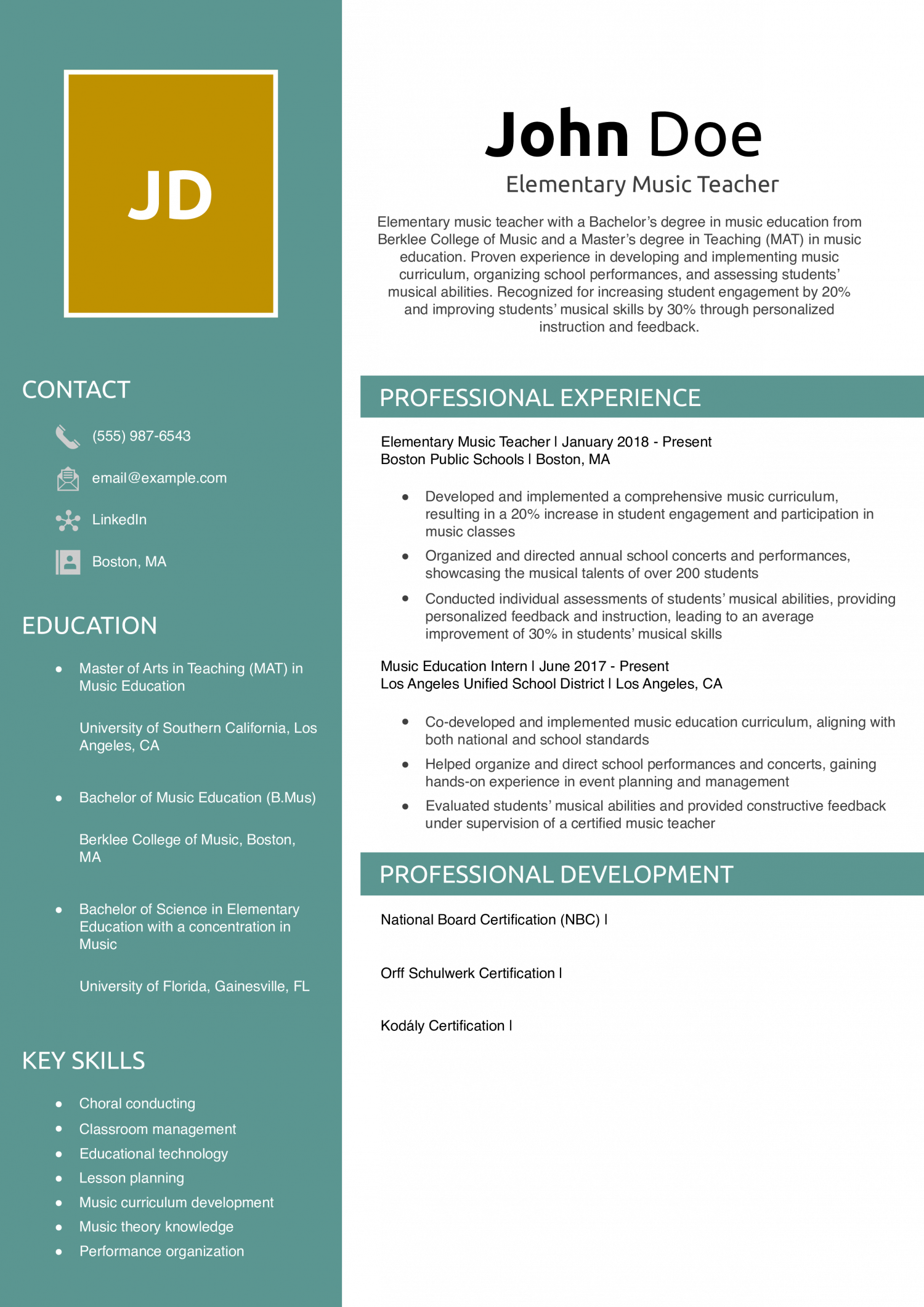 Elementary Music Teacher Resume Example