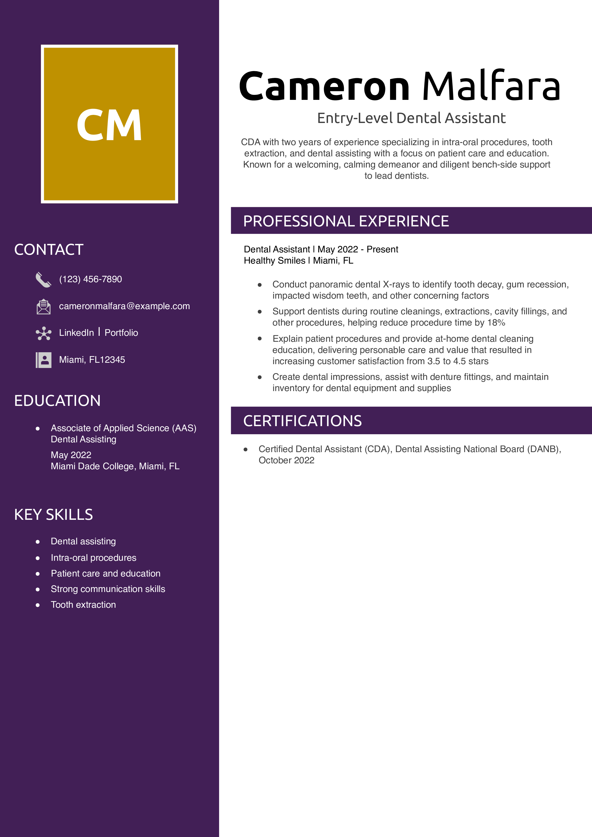 Entry-Level Dental Assistant Resume Example