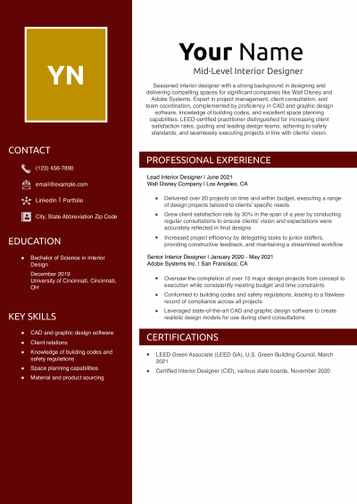 Mid-Level Interior Designer Resume Example