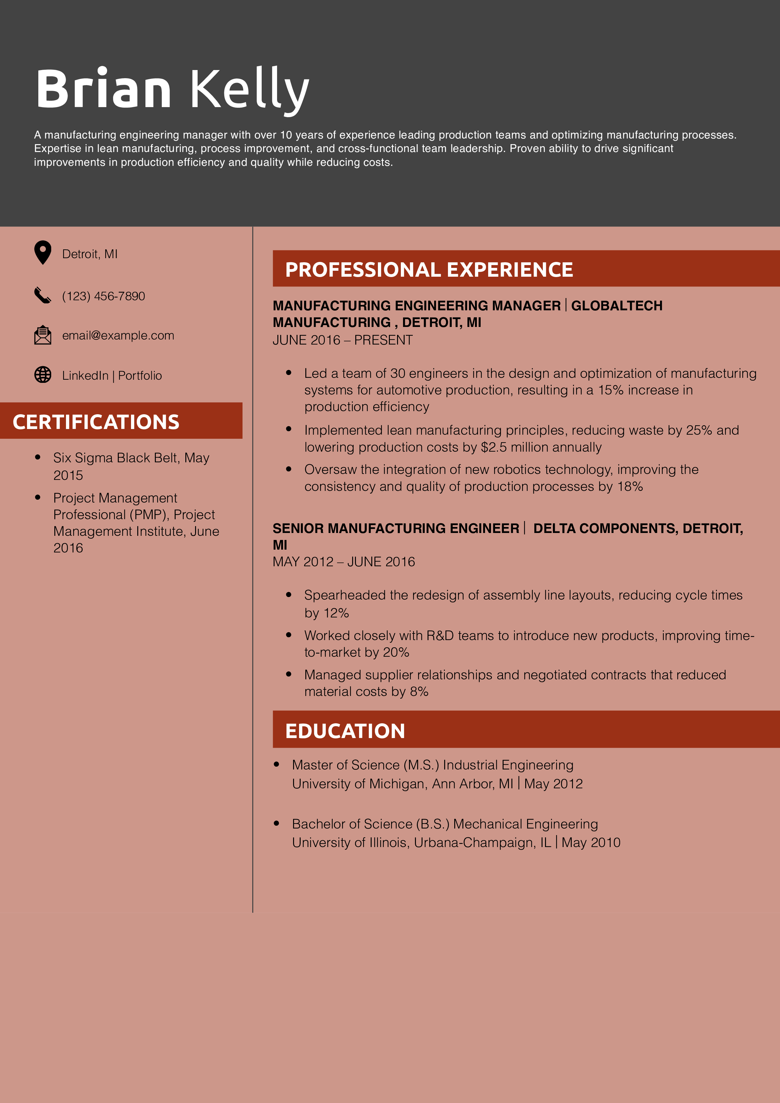  Automotive Manufacturing Engineering Manager Resume Example