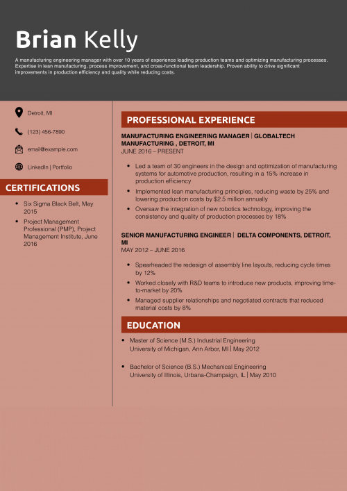  Automotive Manufacturing Engineering Manager Resume Example
