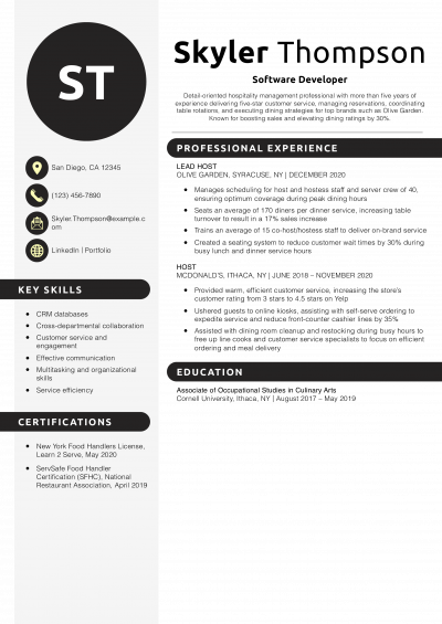 Mid-Level Host and Hostess Resume Example 