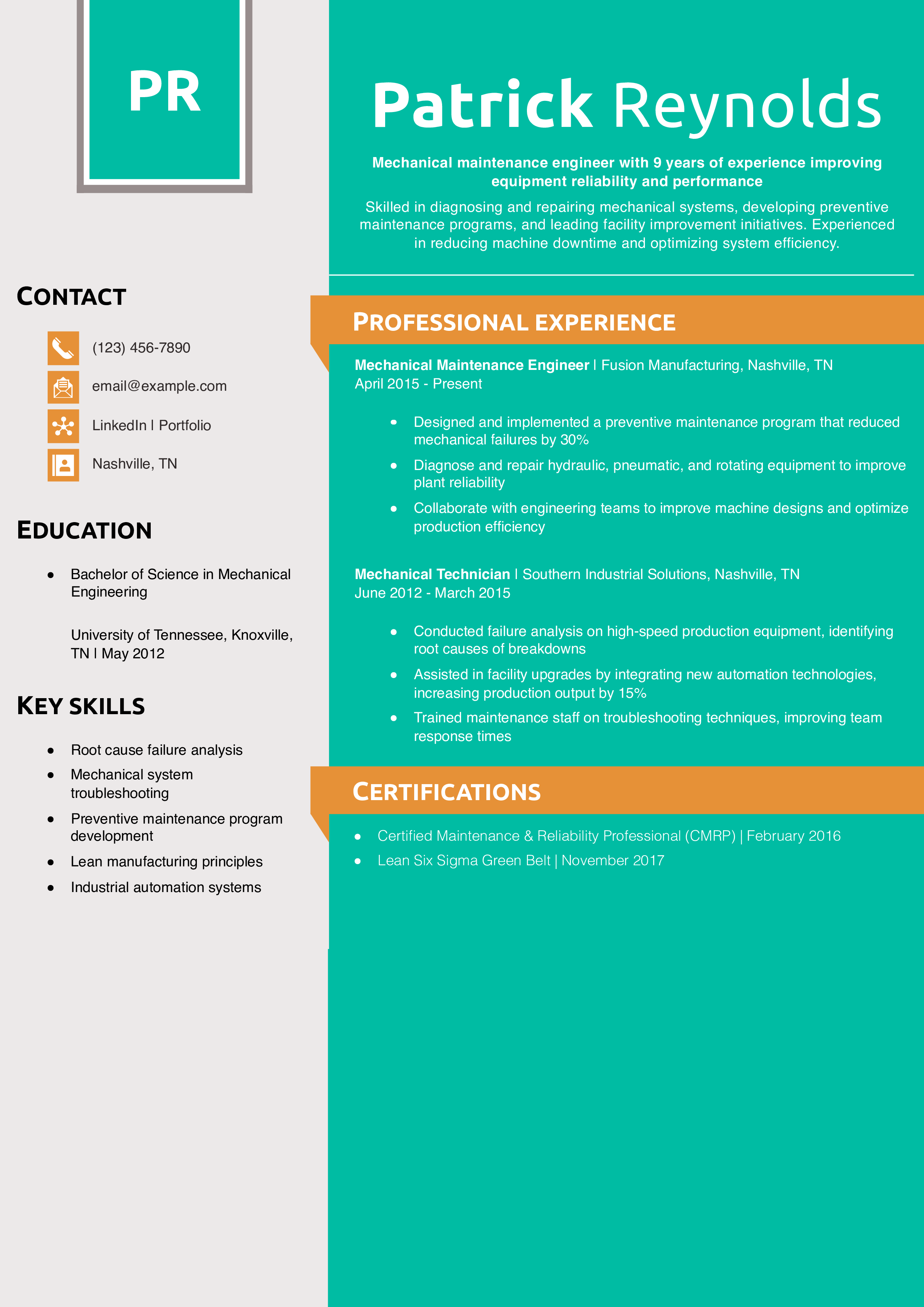 Mechanical Maintenance Engineer Resume Example