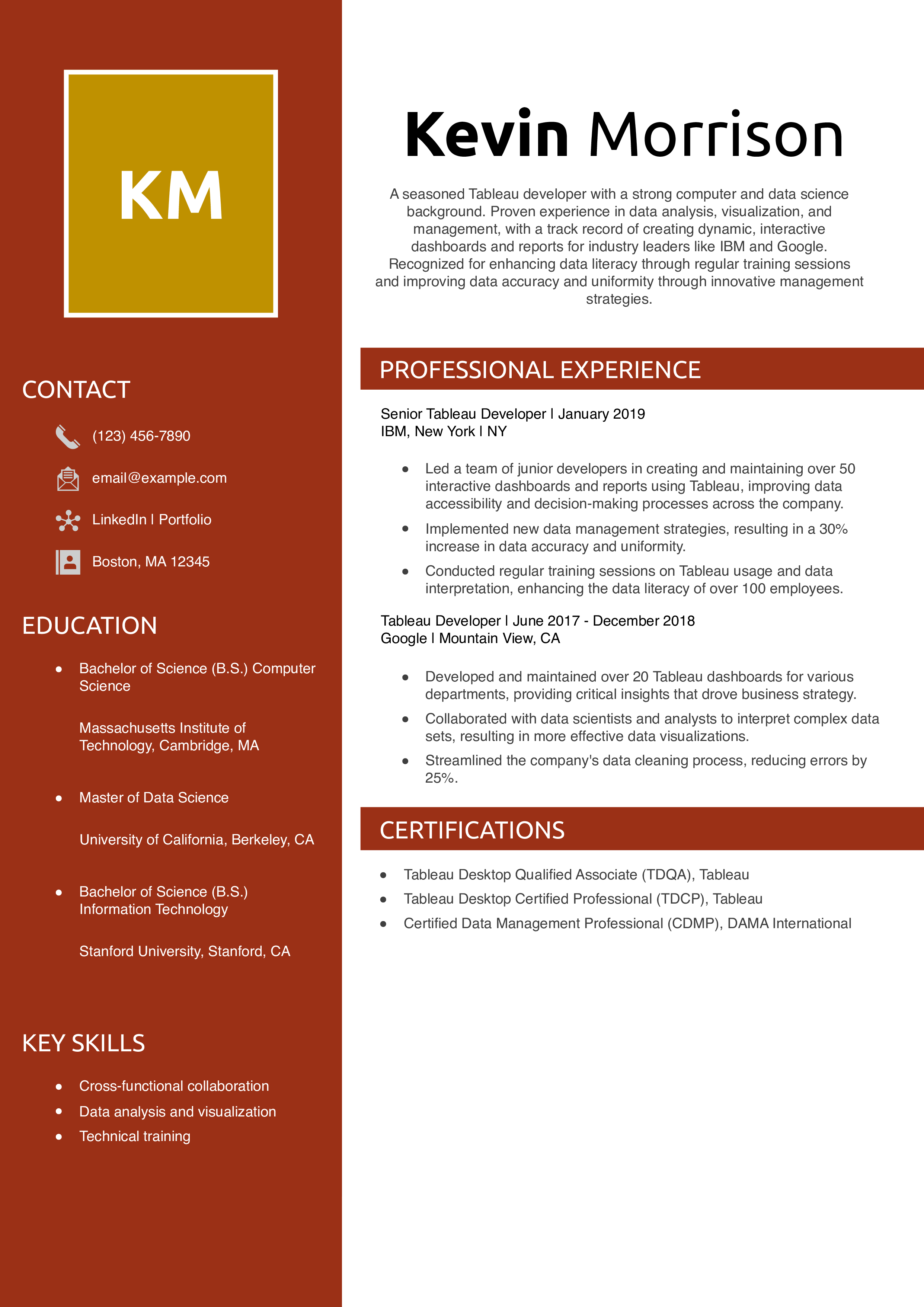Tableau Developer Resume Example