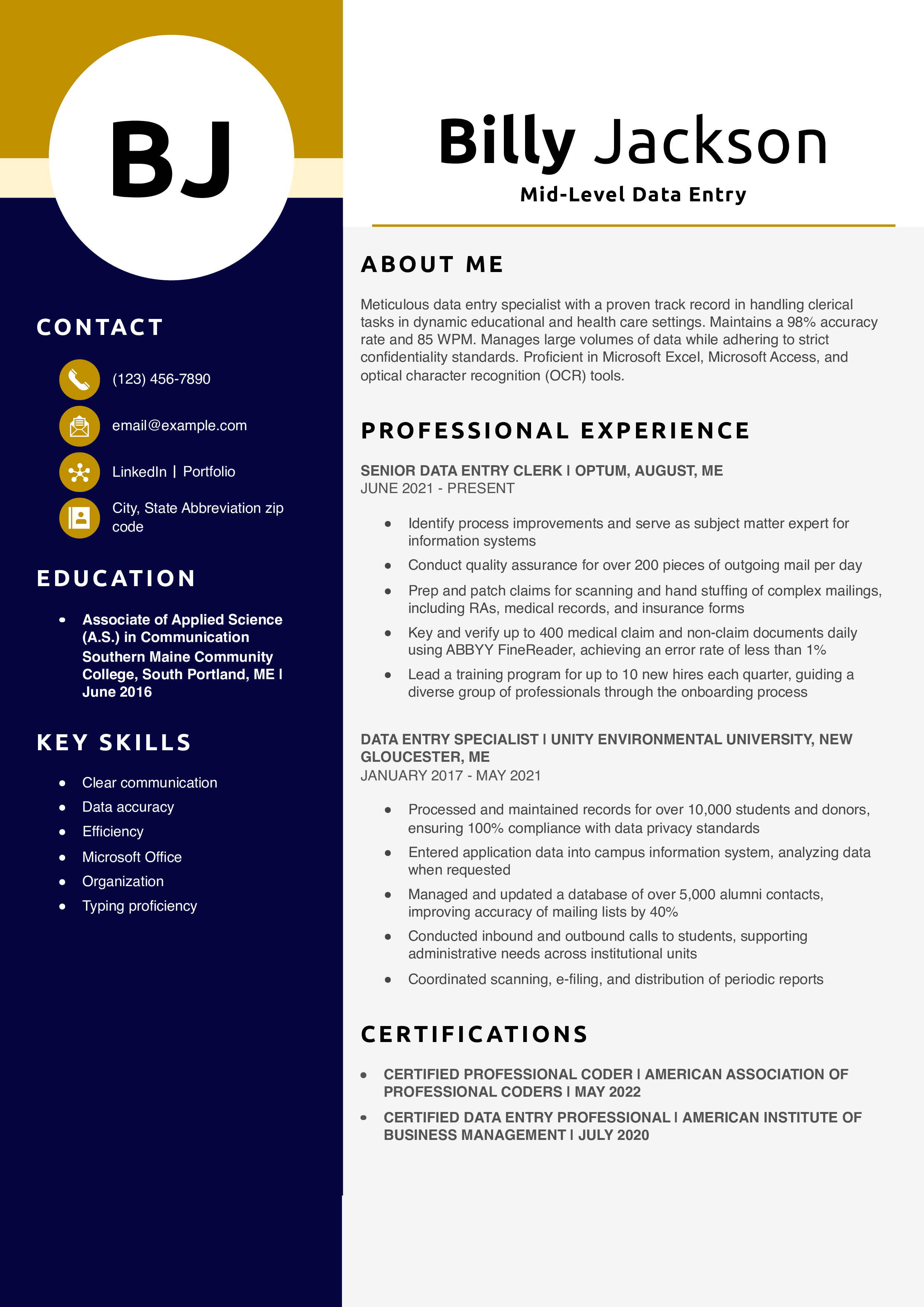Mid-Level Data Entry Resume Example