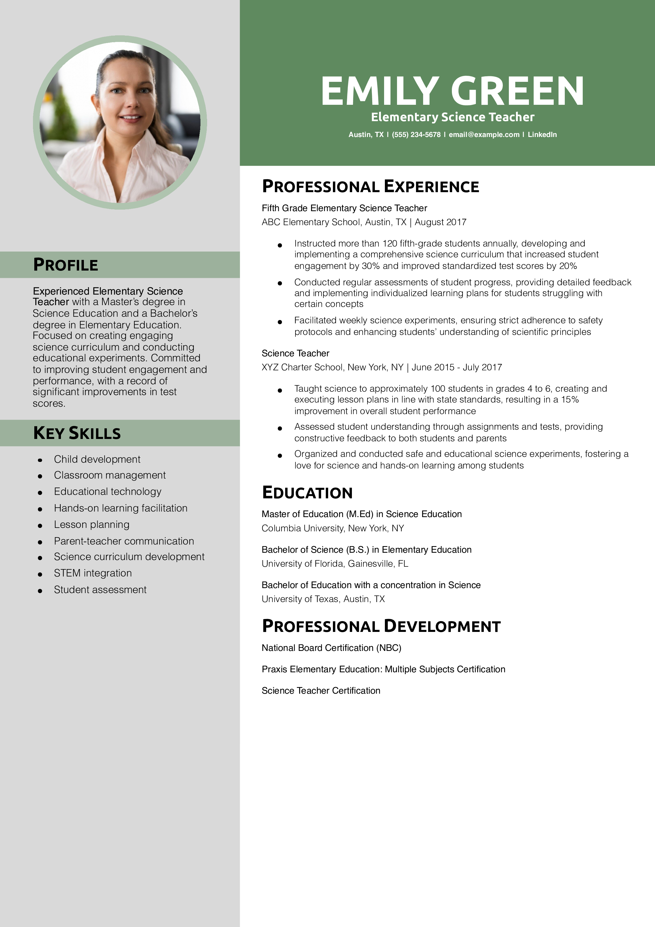 Elementary Science Teacher Resume Example