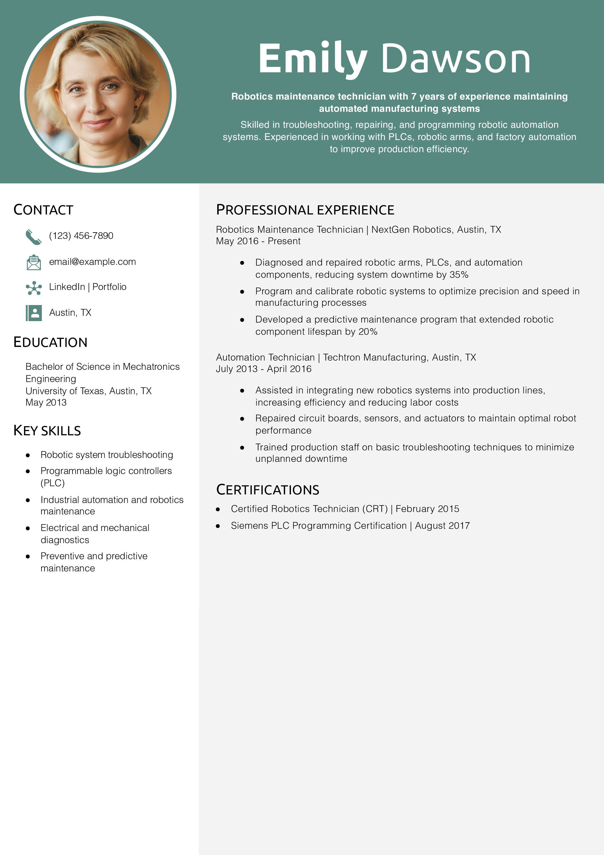 Robotics Maintenance Technician Resume Example