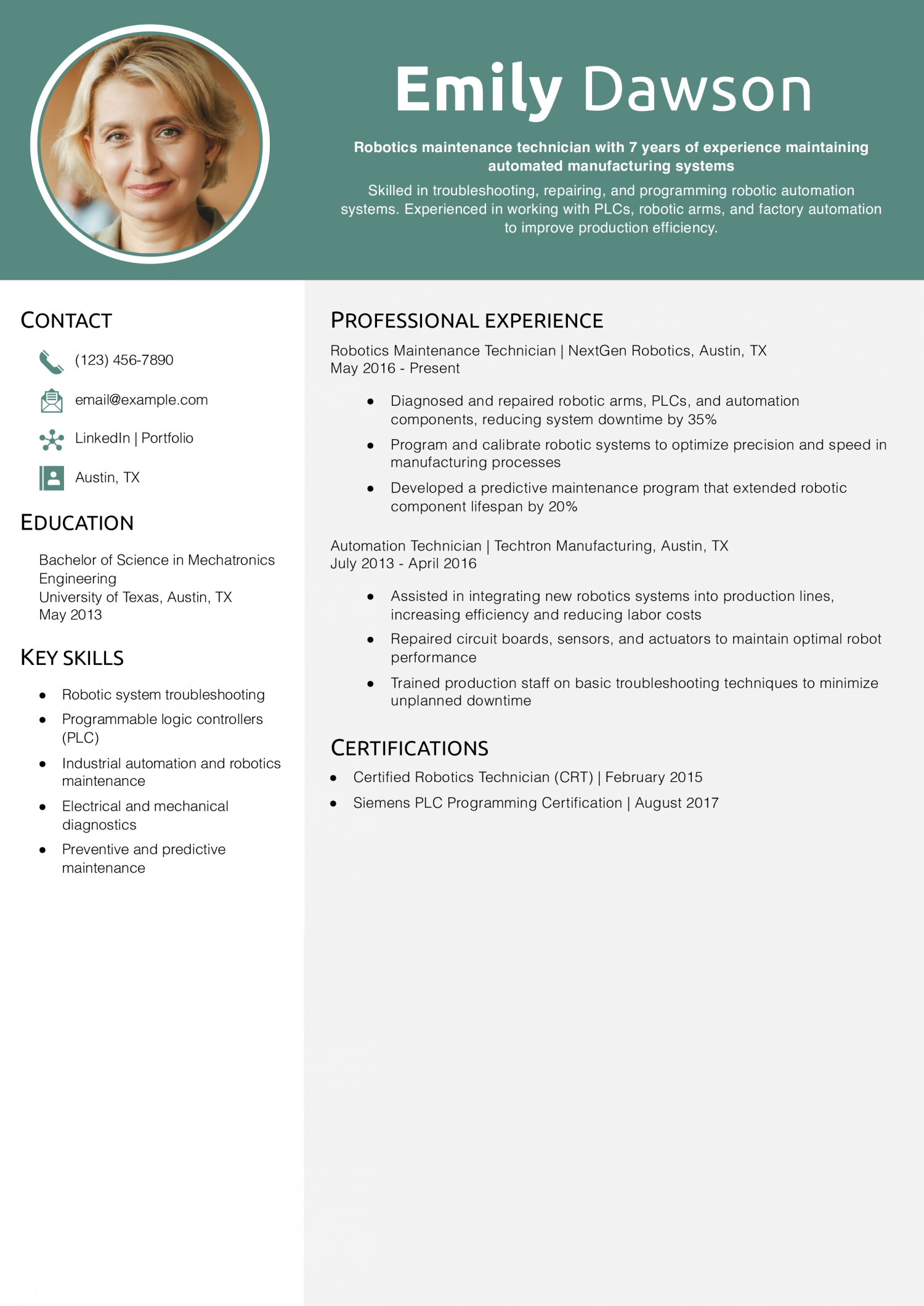Robotics Maintenance Technician Resume Example