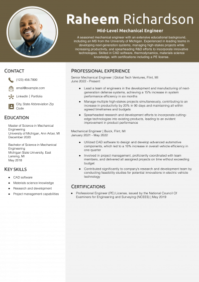 Mid-Level Mechanical Engineer Resume Example