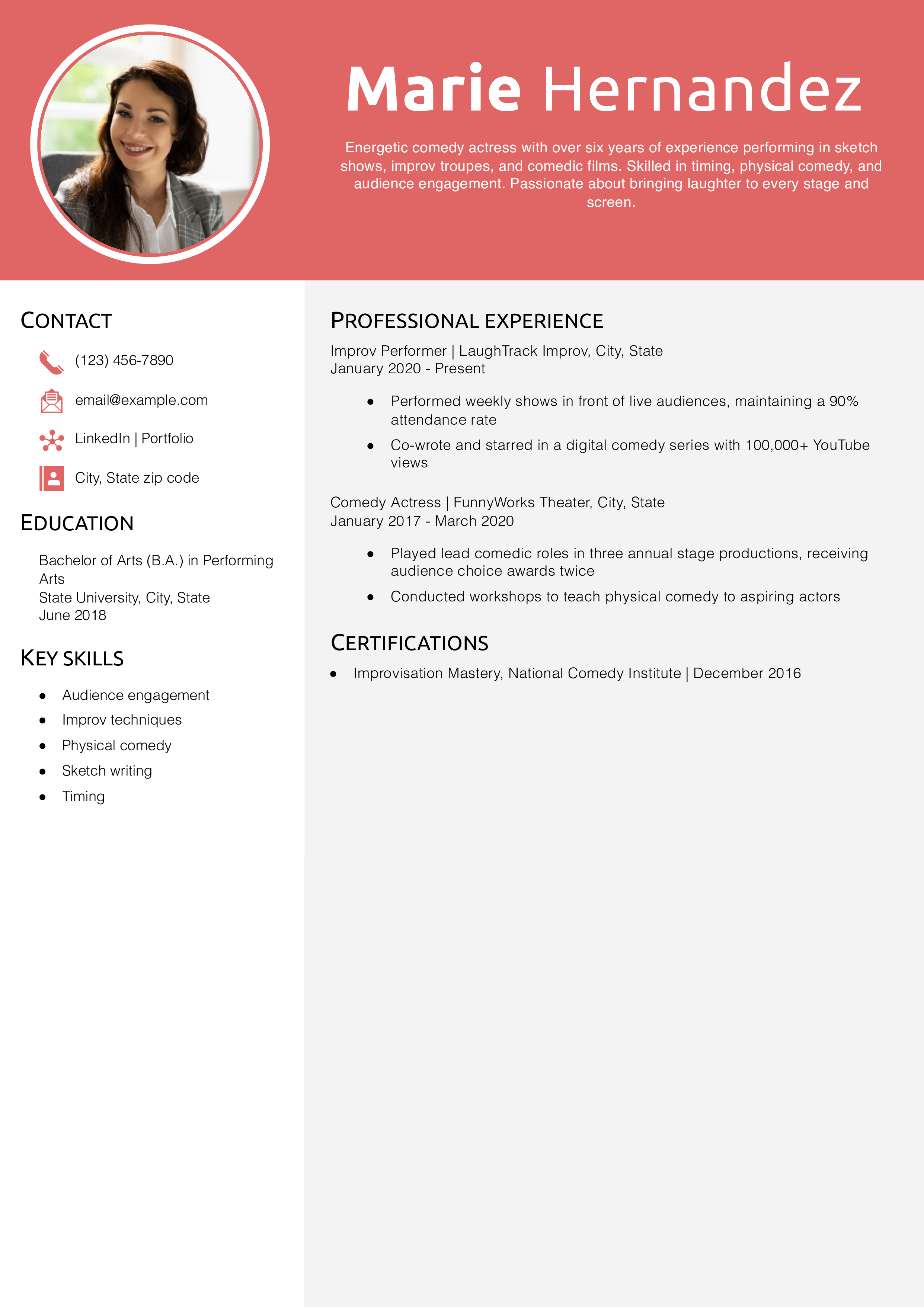 Comedy Acting Resume Example