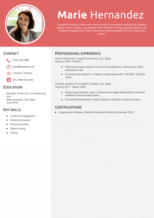 Comedy Acting Resume Example