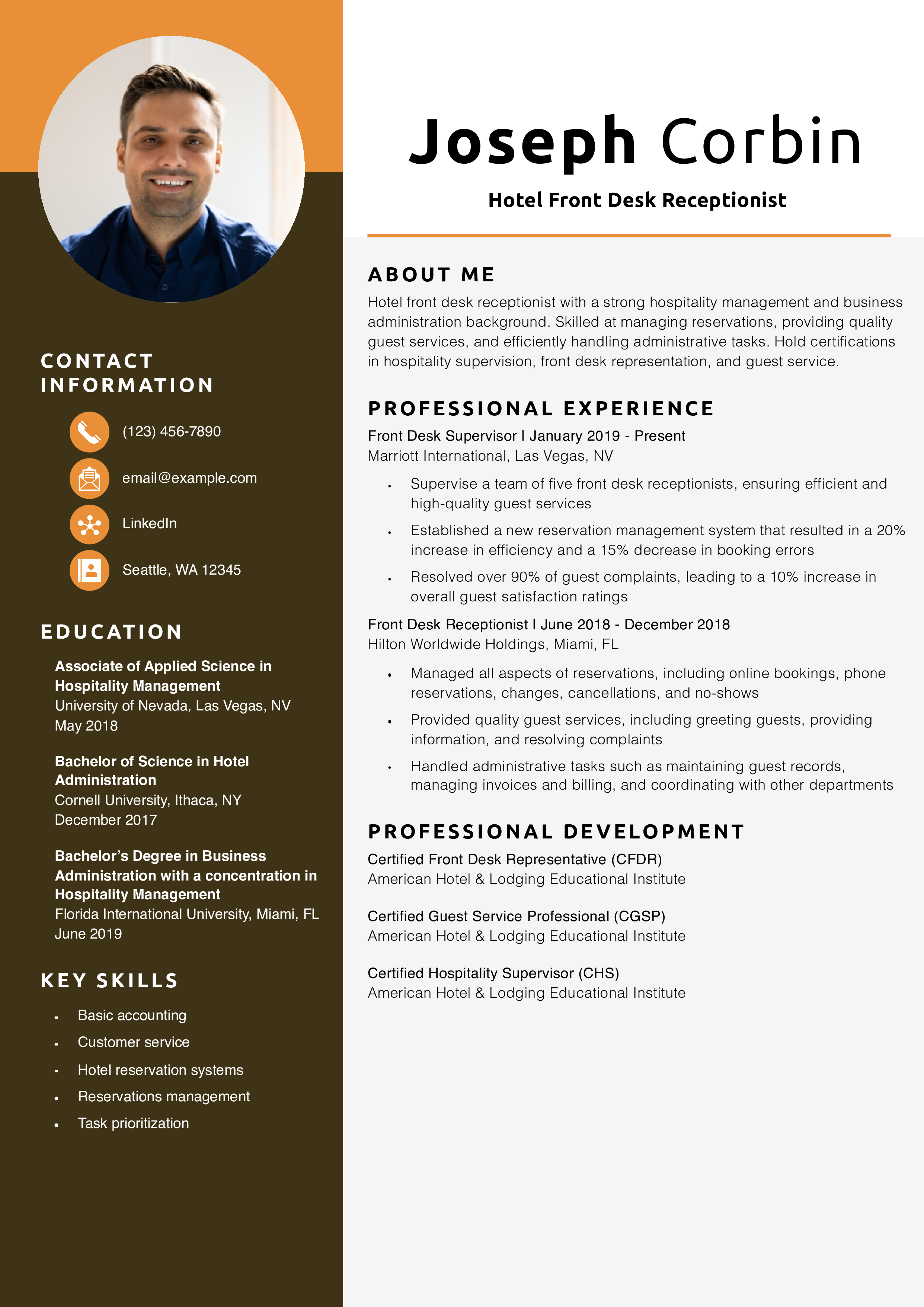 Hotel Front Desk Receptionist Resume Example
