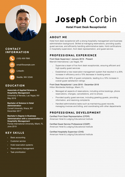 Hotel Front Desk Receptionist Resume Example