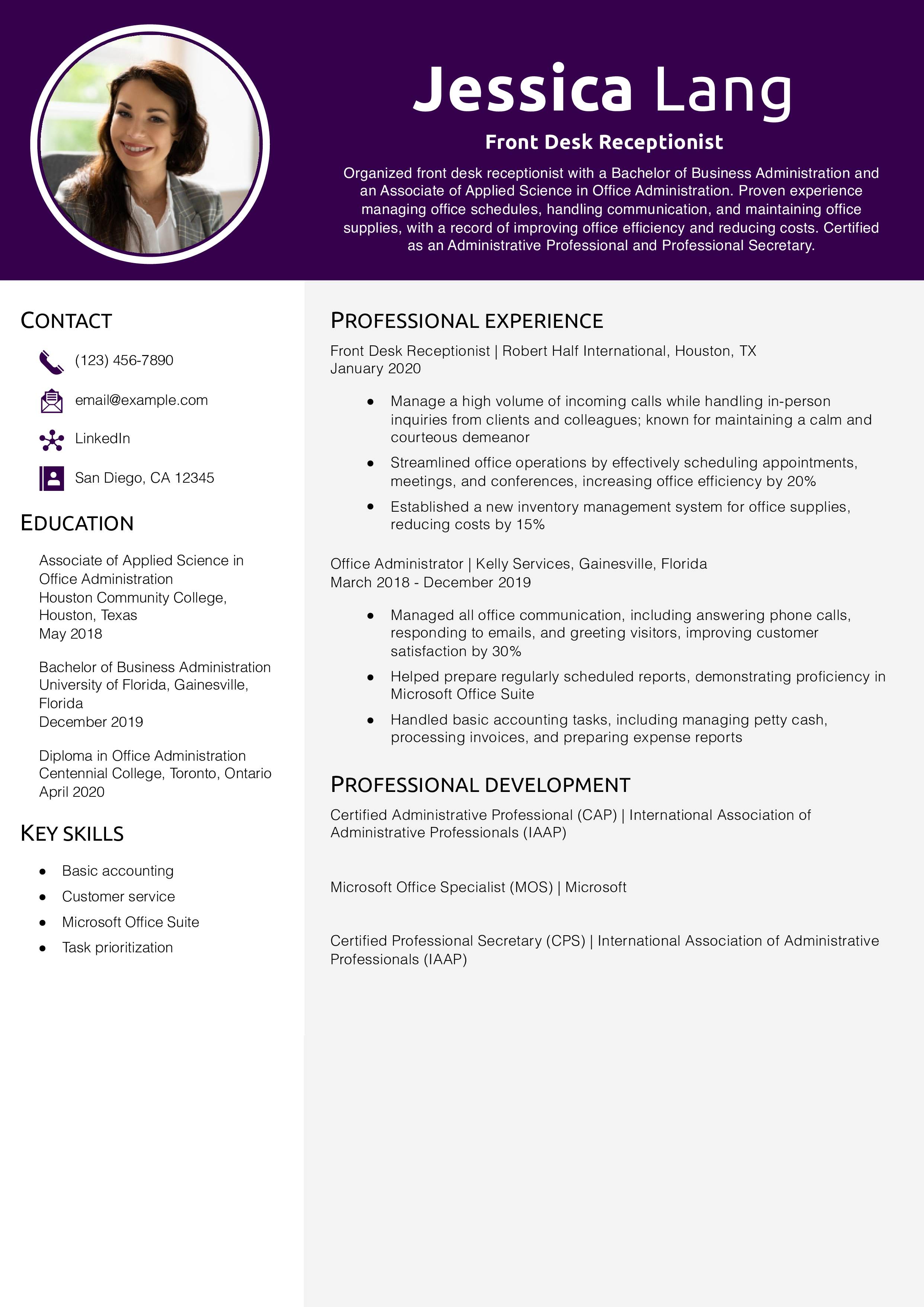 Front Desk Receptionist Resume Example