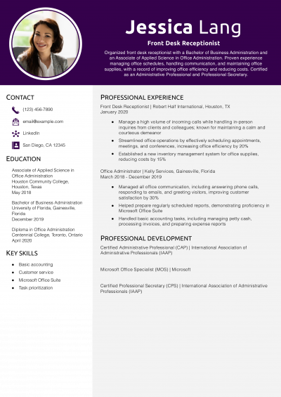 Front Desk Receptionist Resume Example