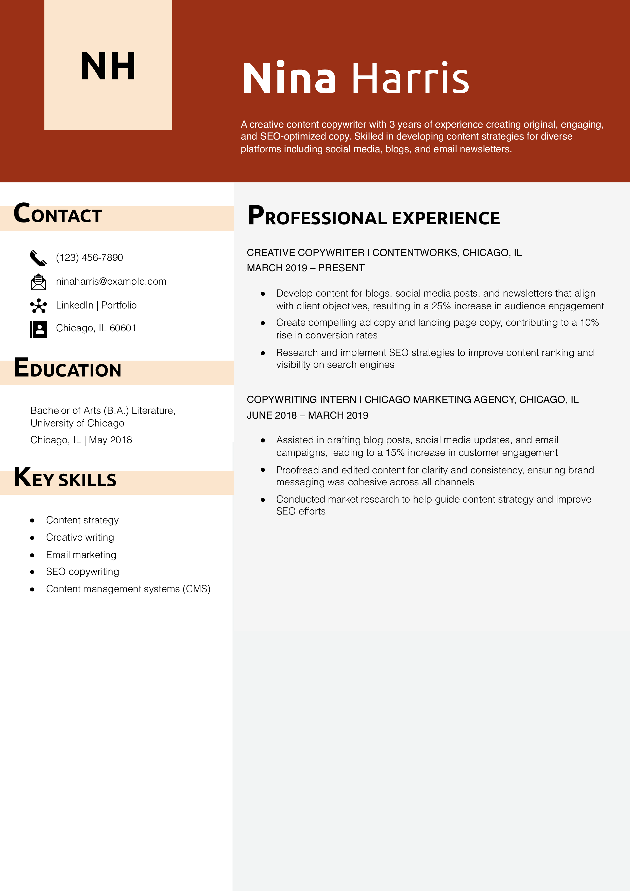 Creative Content Copywriter Resume Example