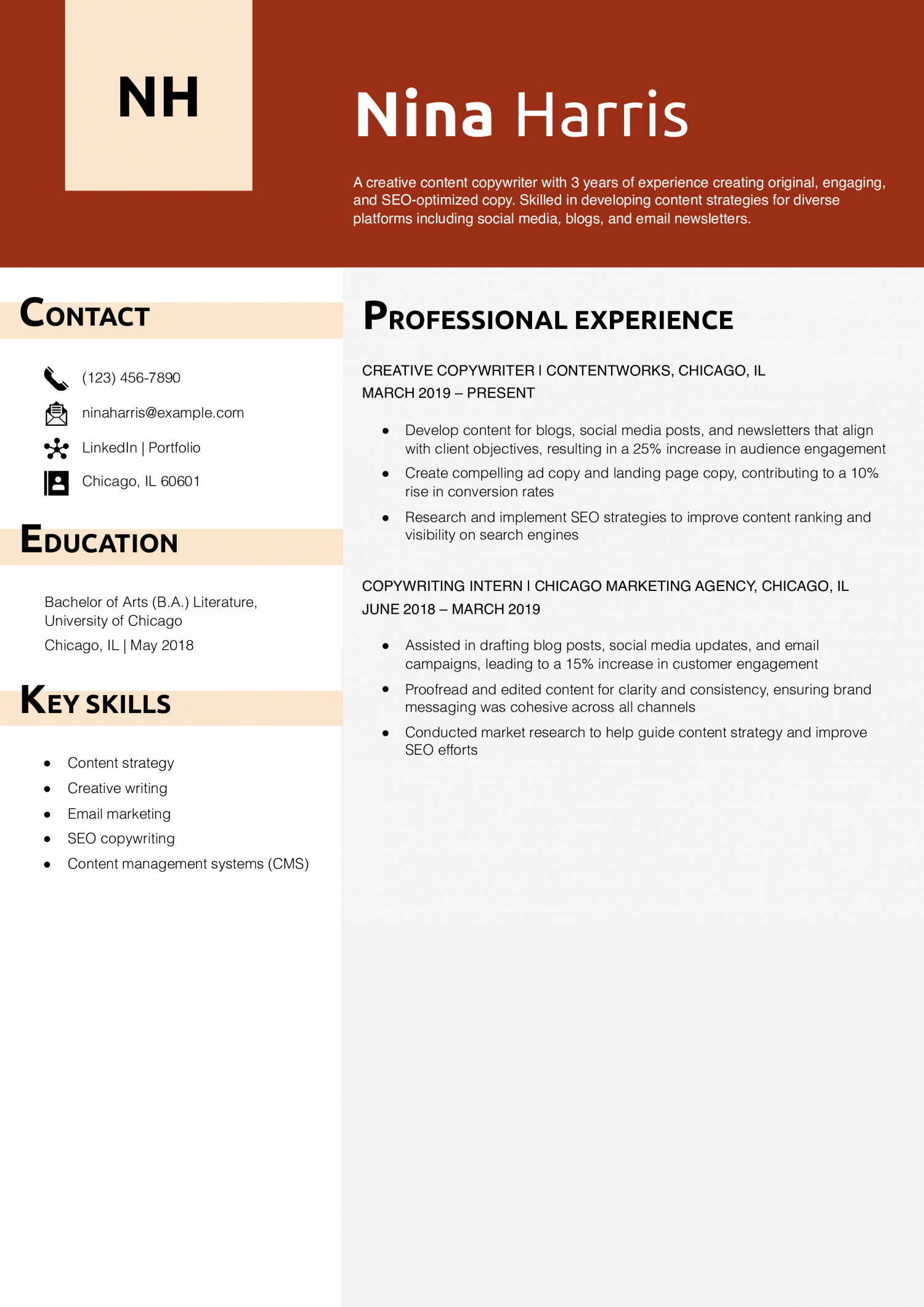  Creative Content Copywriter Resume Example