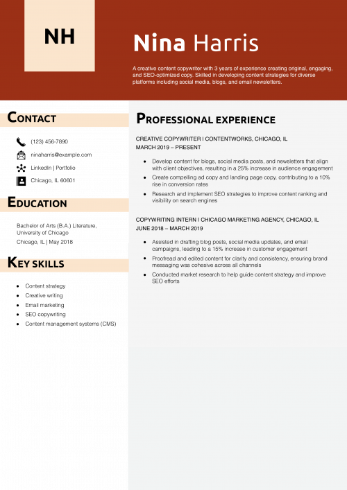  Creative Content Copywriter Resume Example