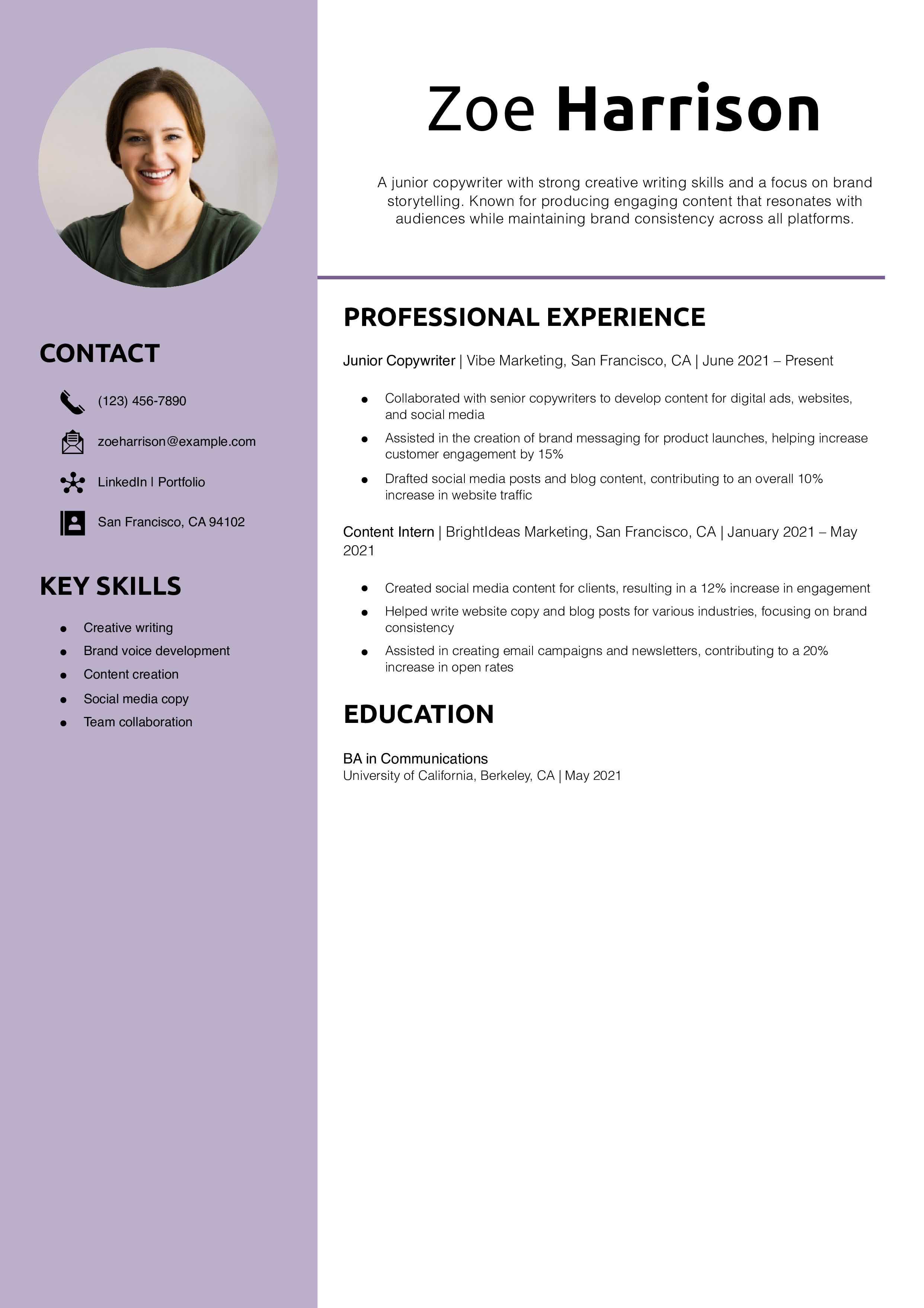 Junior Copywriter Resume Example