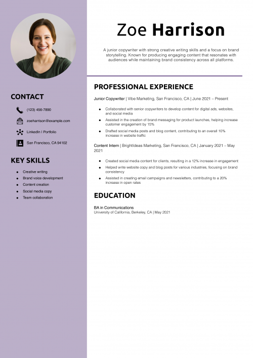 Junior Copywriter Resume Example