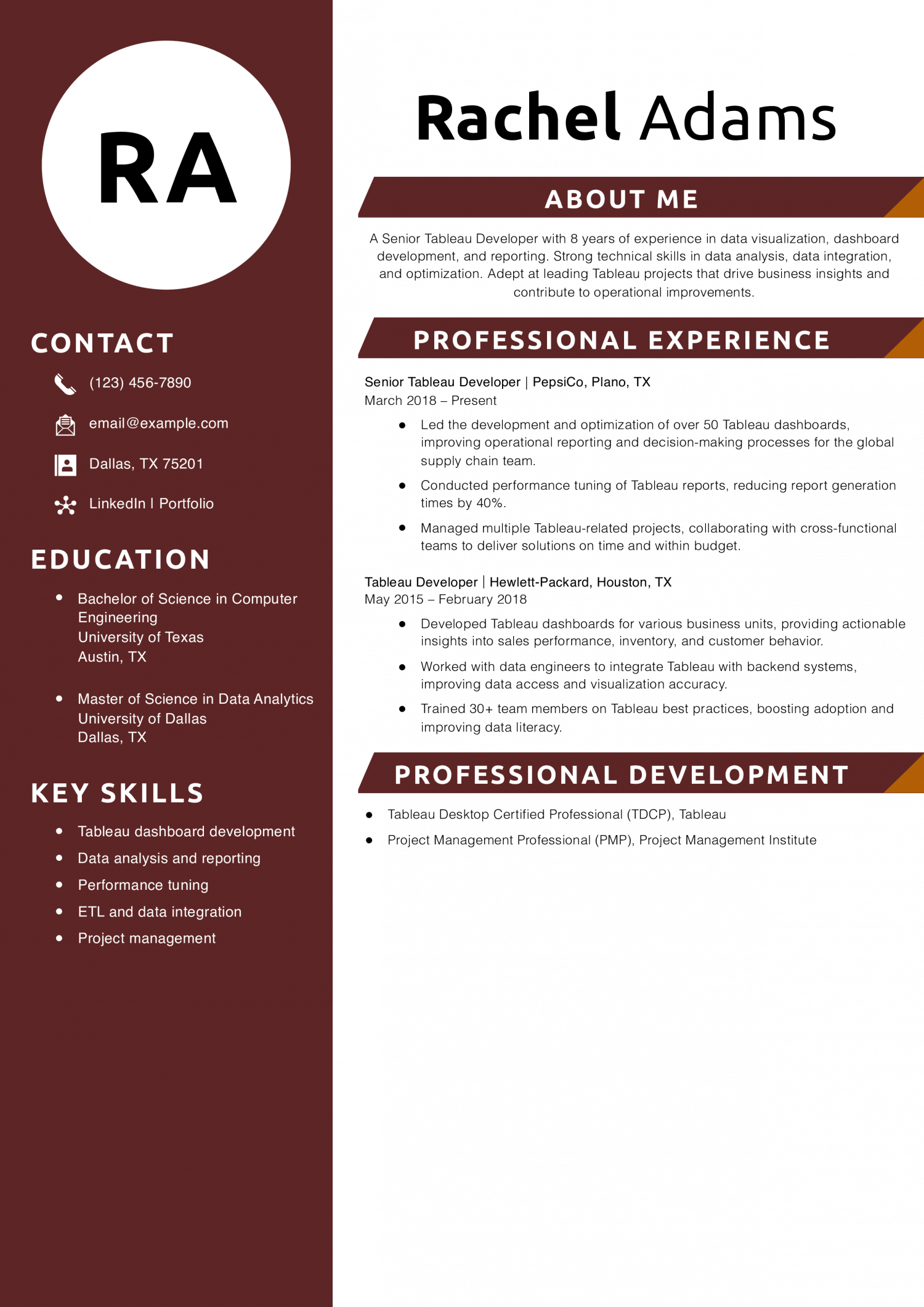 Senior Tableau Developer Resume Example