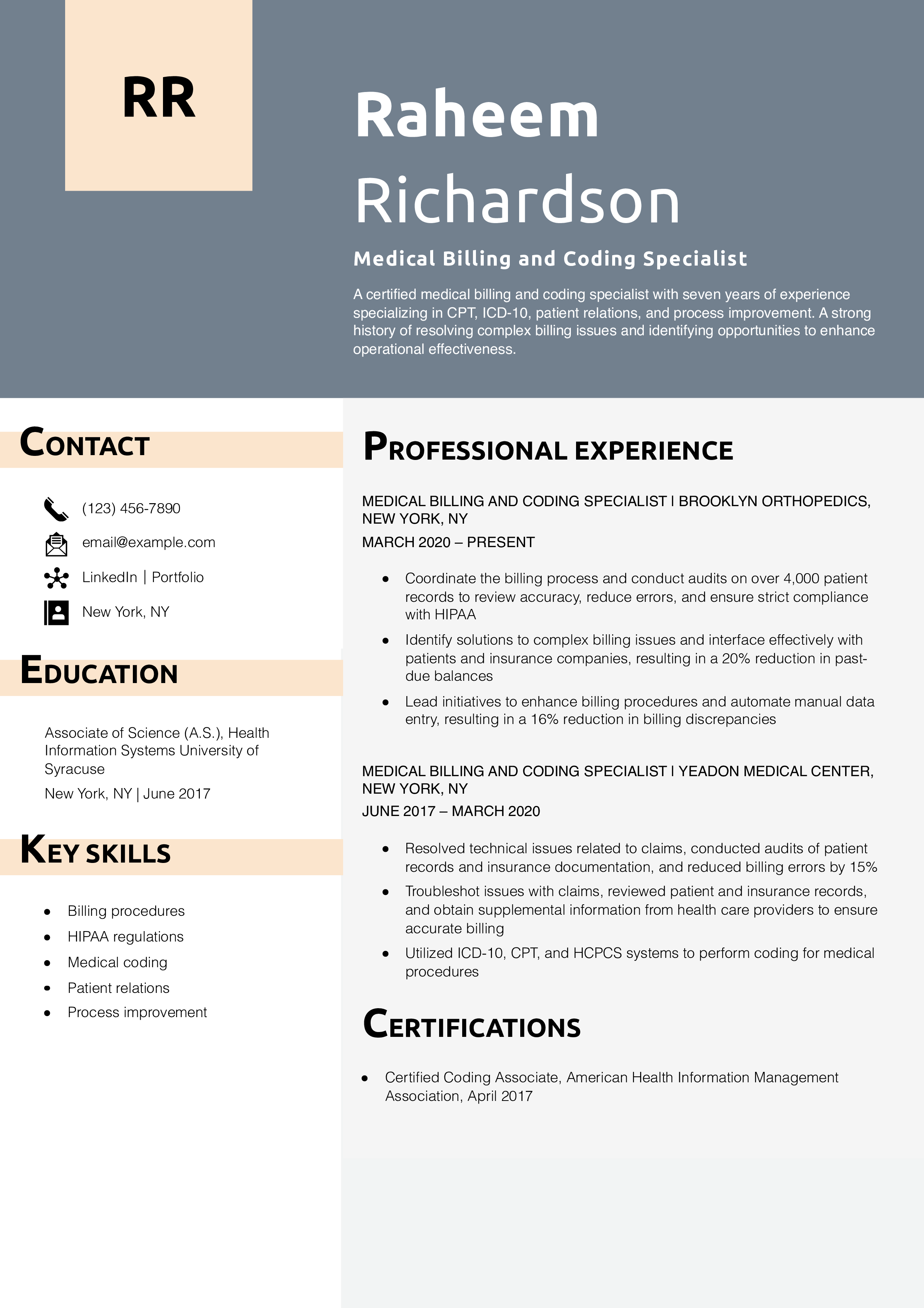 Medical Billing and Coding Specialist Resume Example