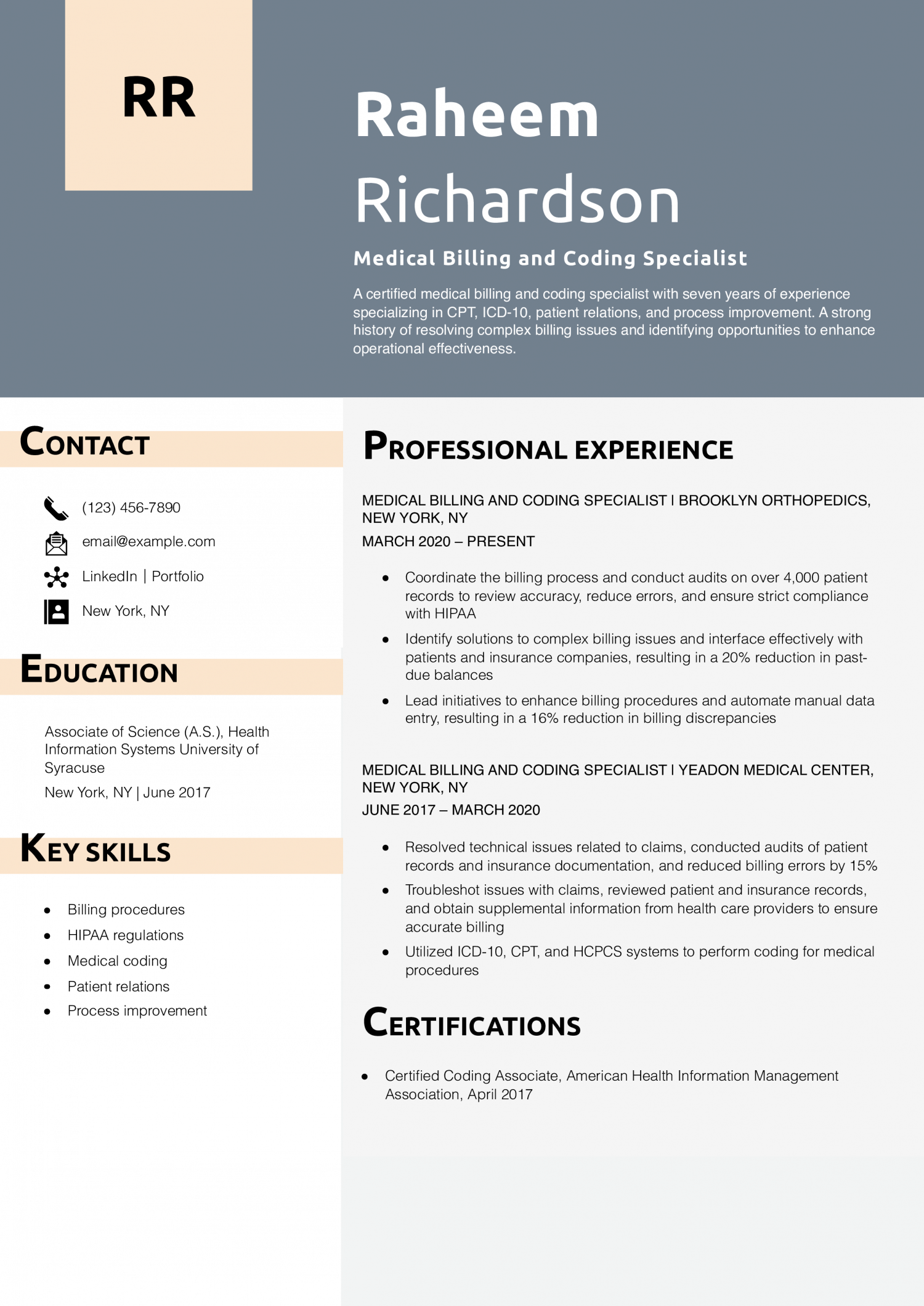 Medical Billing and Coding Specialist Resume Example