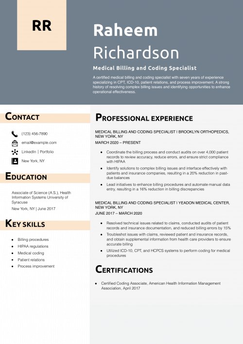 Medical Billing and Coding Specialist Resume Example