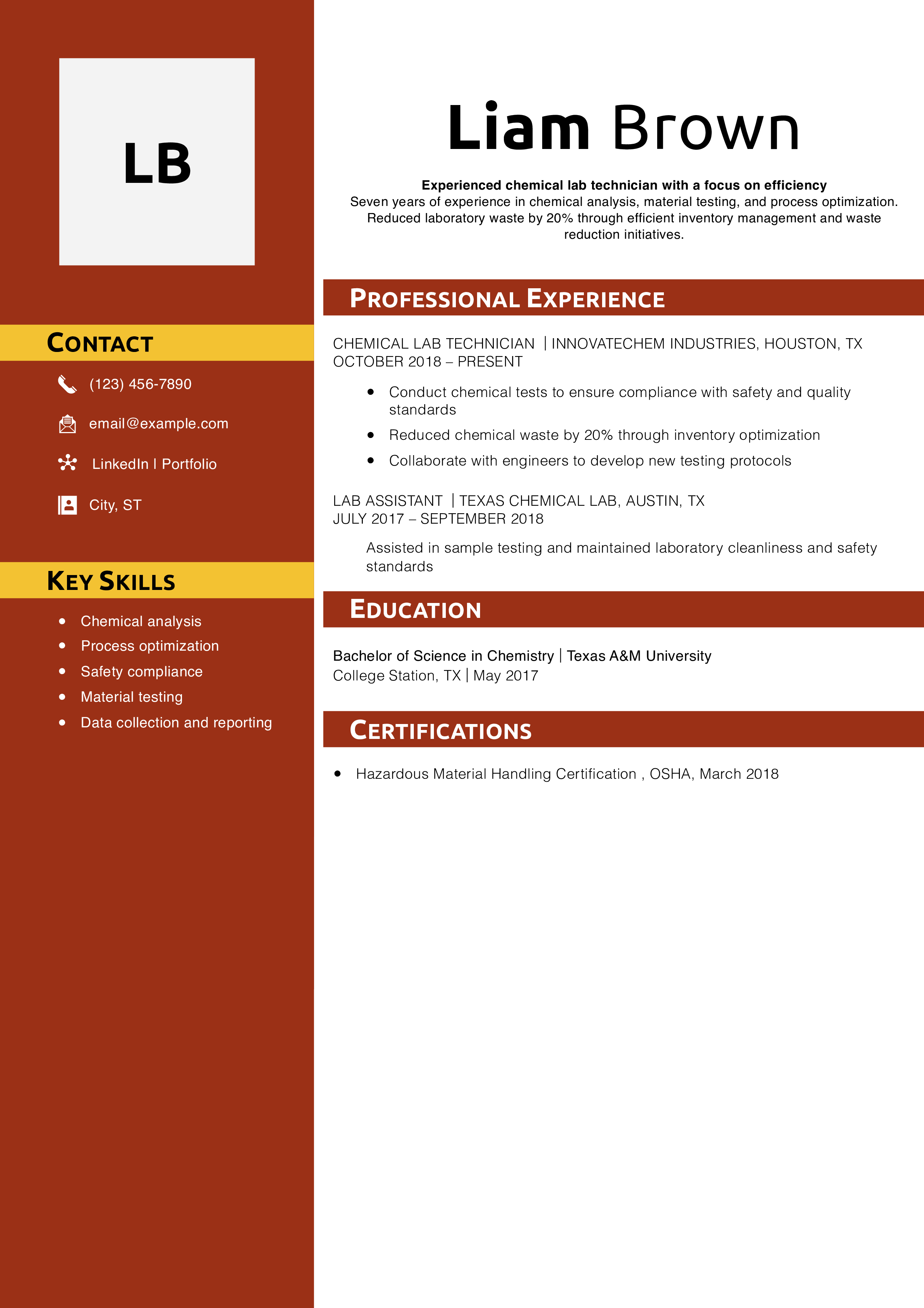 Chemical Lab Technician Resume