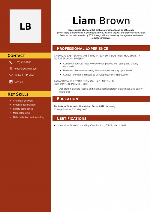  Chemical Lab Technician Resume
